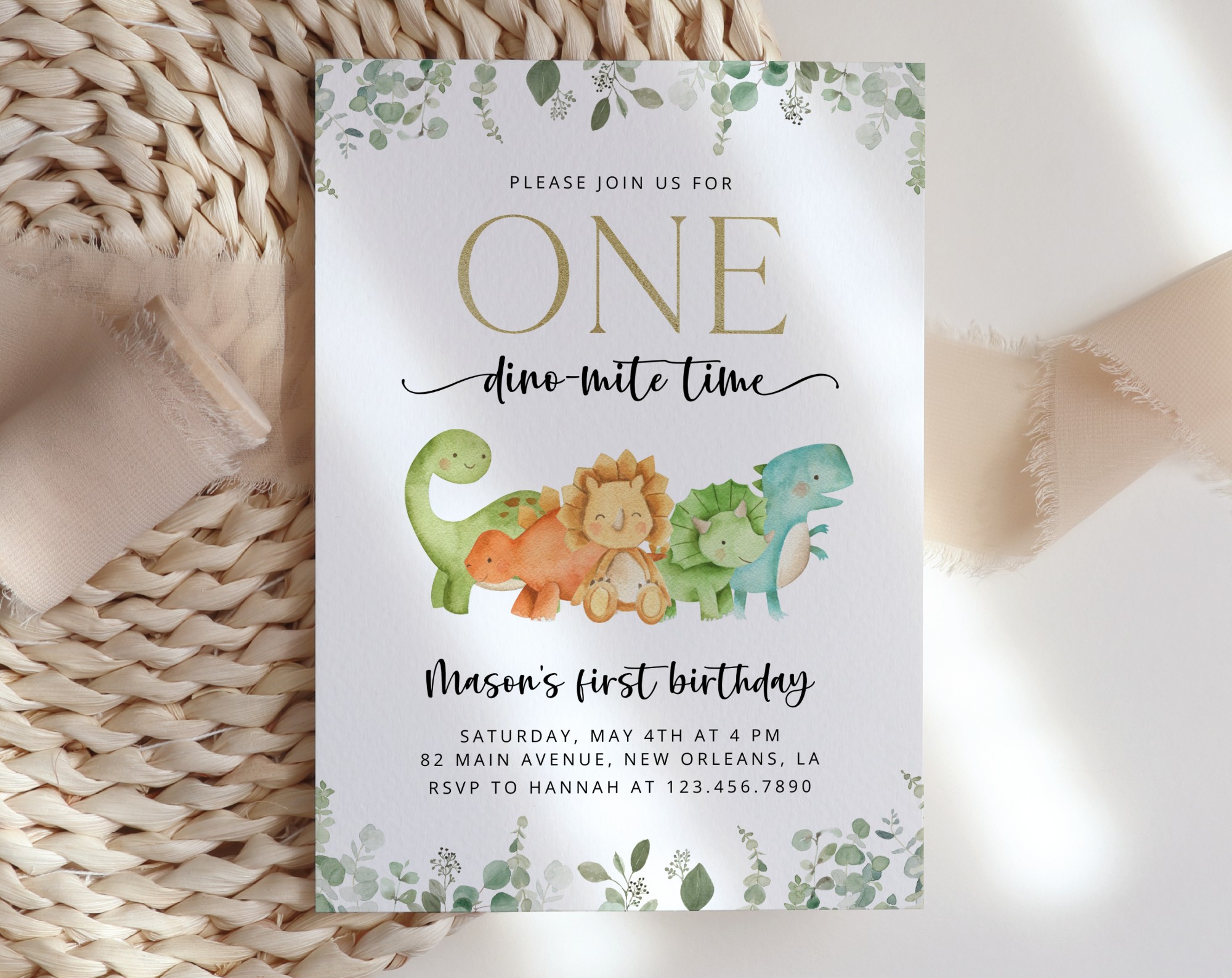 Cute Dinosaurs First Birthday Invitation, Birthday Stationery, Boy Birthday, Printable File, Edit Yourself, SH25