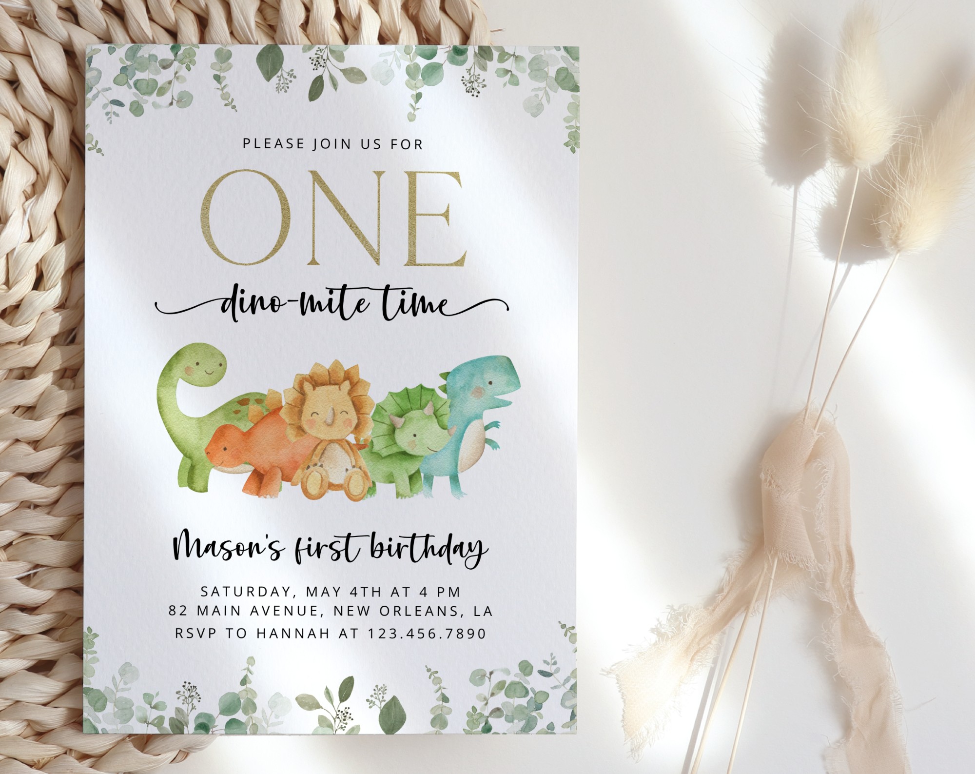 Cute Dinosaurs First Birthday Invitation, Birthday Stationery, Boy Birthday, Printable File, Edit Yourself, SH25