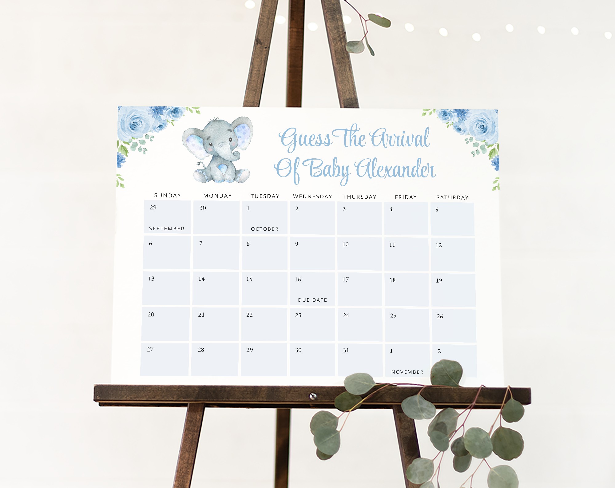 Baby Elephant Guess the Due Date Baby Shower Game