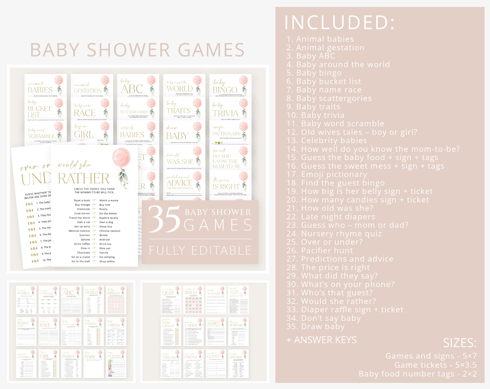 Pink Balloon Baby Shower Bundle, Girl Baby Shower, Printable File, Edit Yourself, SH14