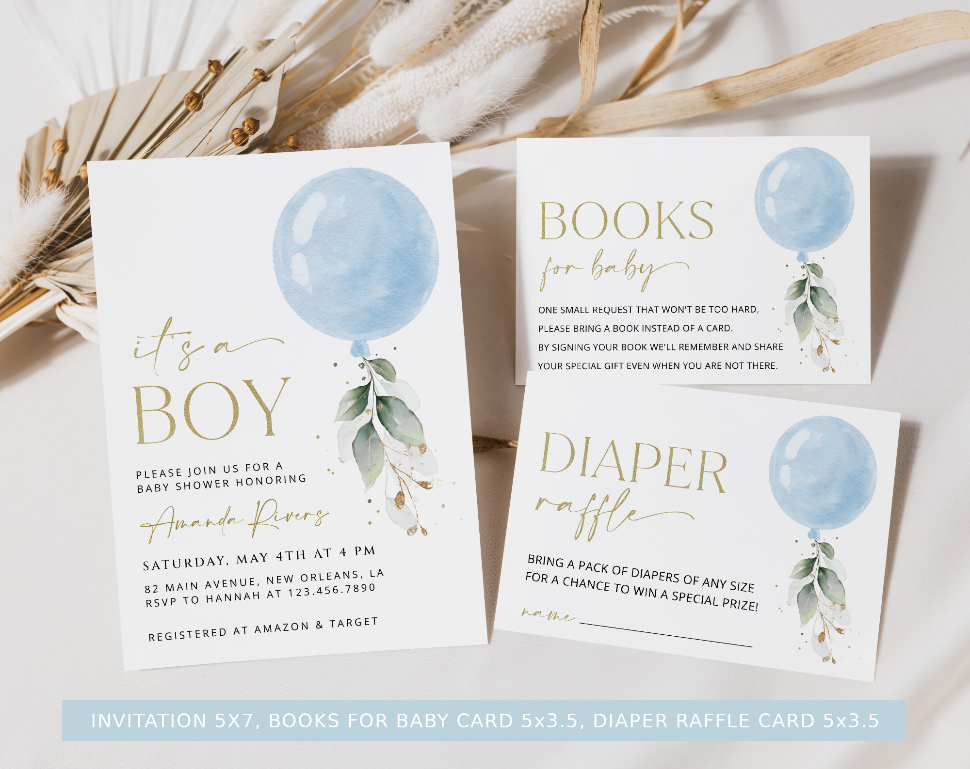 Blue Balloon Baby Shower Bundle, Boy Baby Shower, Printable File, Edit Yourself, SH15