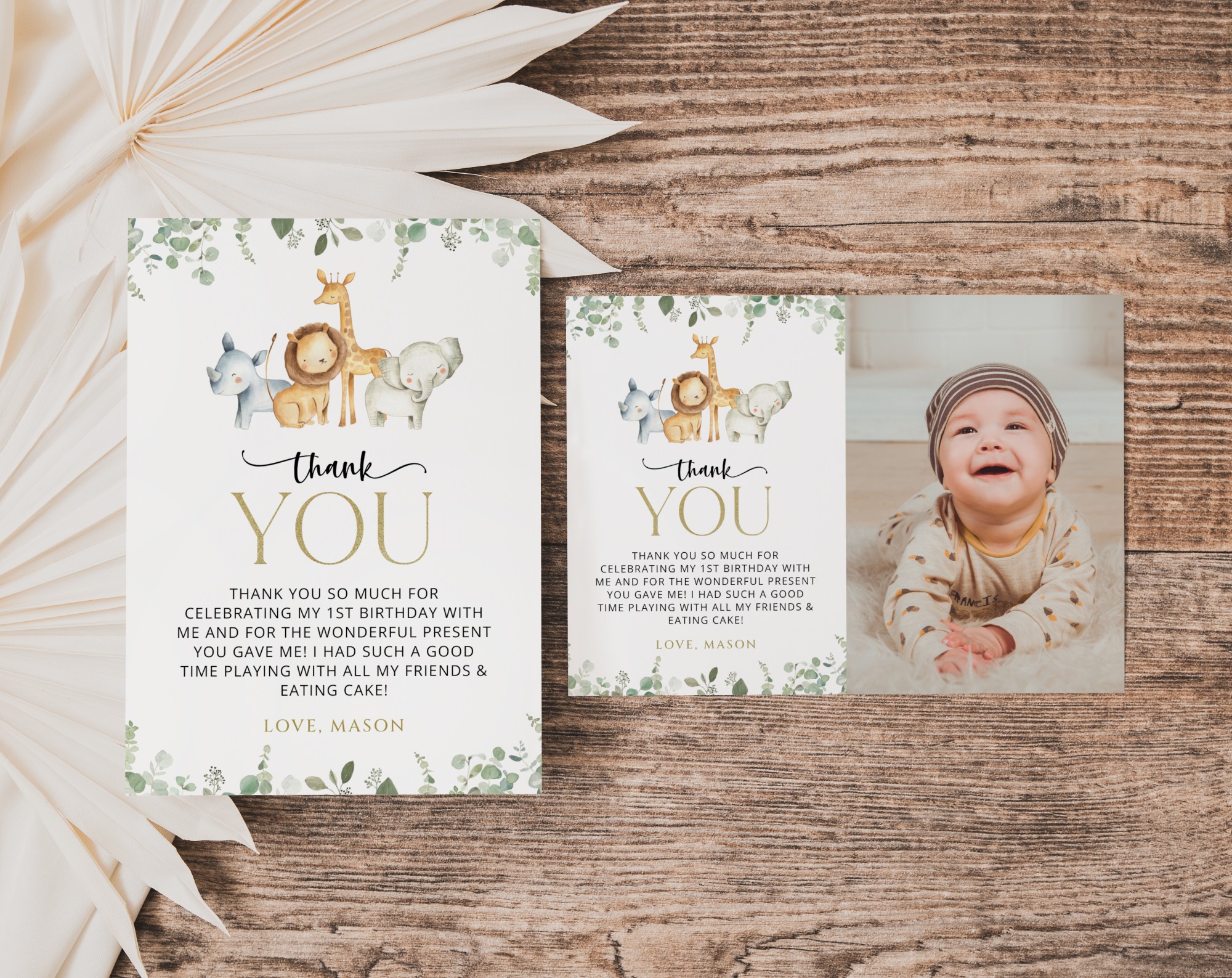 Safari Animals Thank You Card, First Birthday, Boy Birthday, Printable File, Edit Yourself, SH23