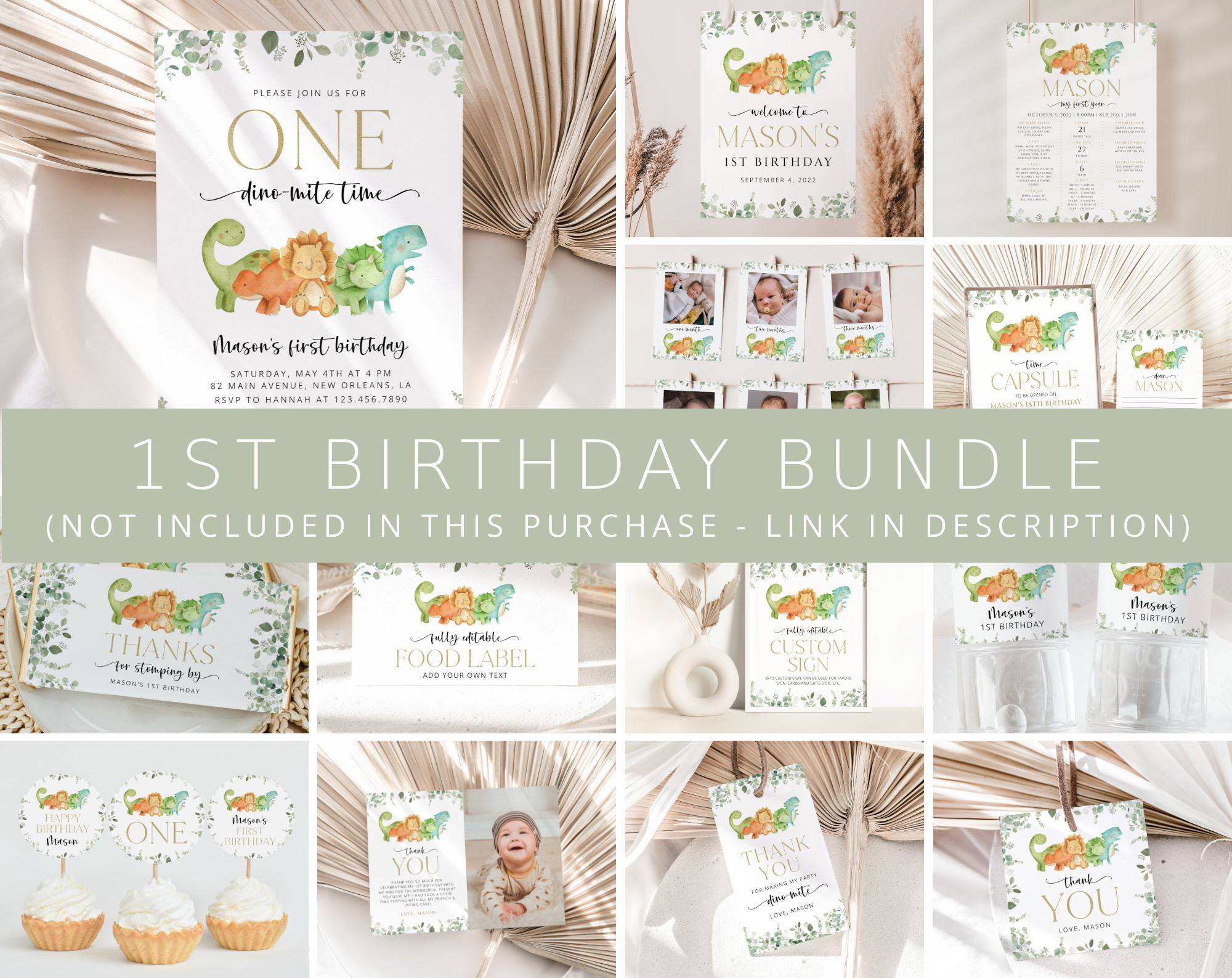 Cute Dinosaurs First Birthday Bundle, Boy Birthday, Printable File, Edit Yourself, SH25 Cute Dinosaurs First Birthday Bundle, Boy Birthday, Printable File, Edit Yourself, SH25