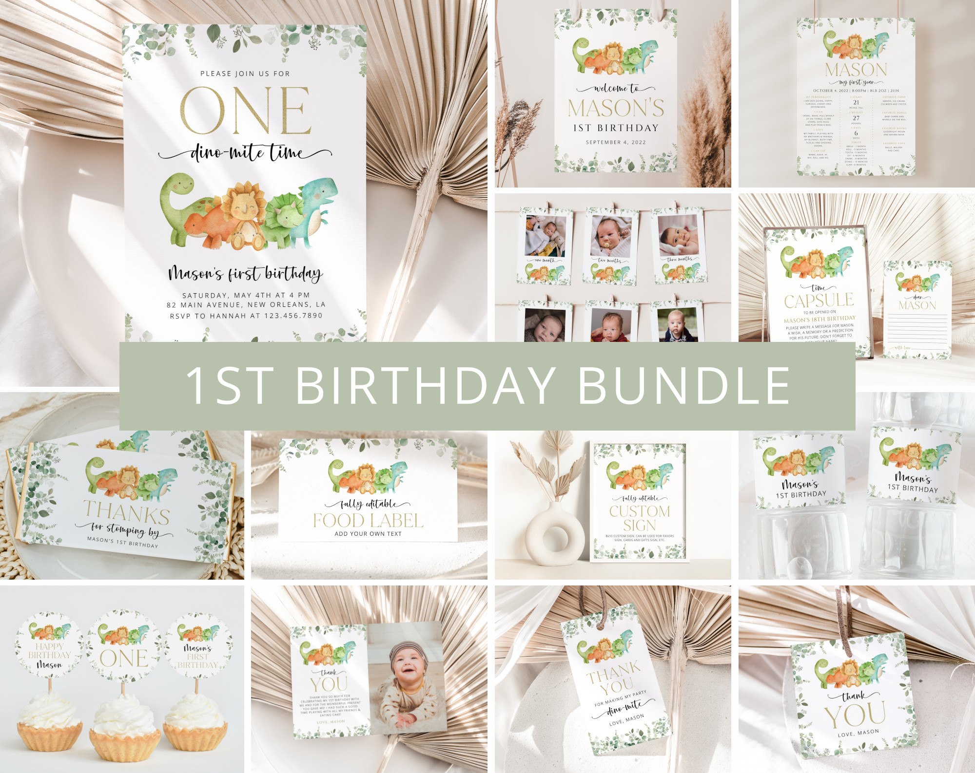 Cute Dinosaurs First Birthday Bundle, Boy Birthday, Printable File, Edit Yourself, SH25 Cute Dinosaurs First Birthday Bundle, Boy Birthday, Printable File, Edit Yourself, SH25