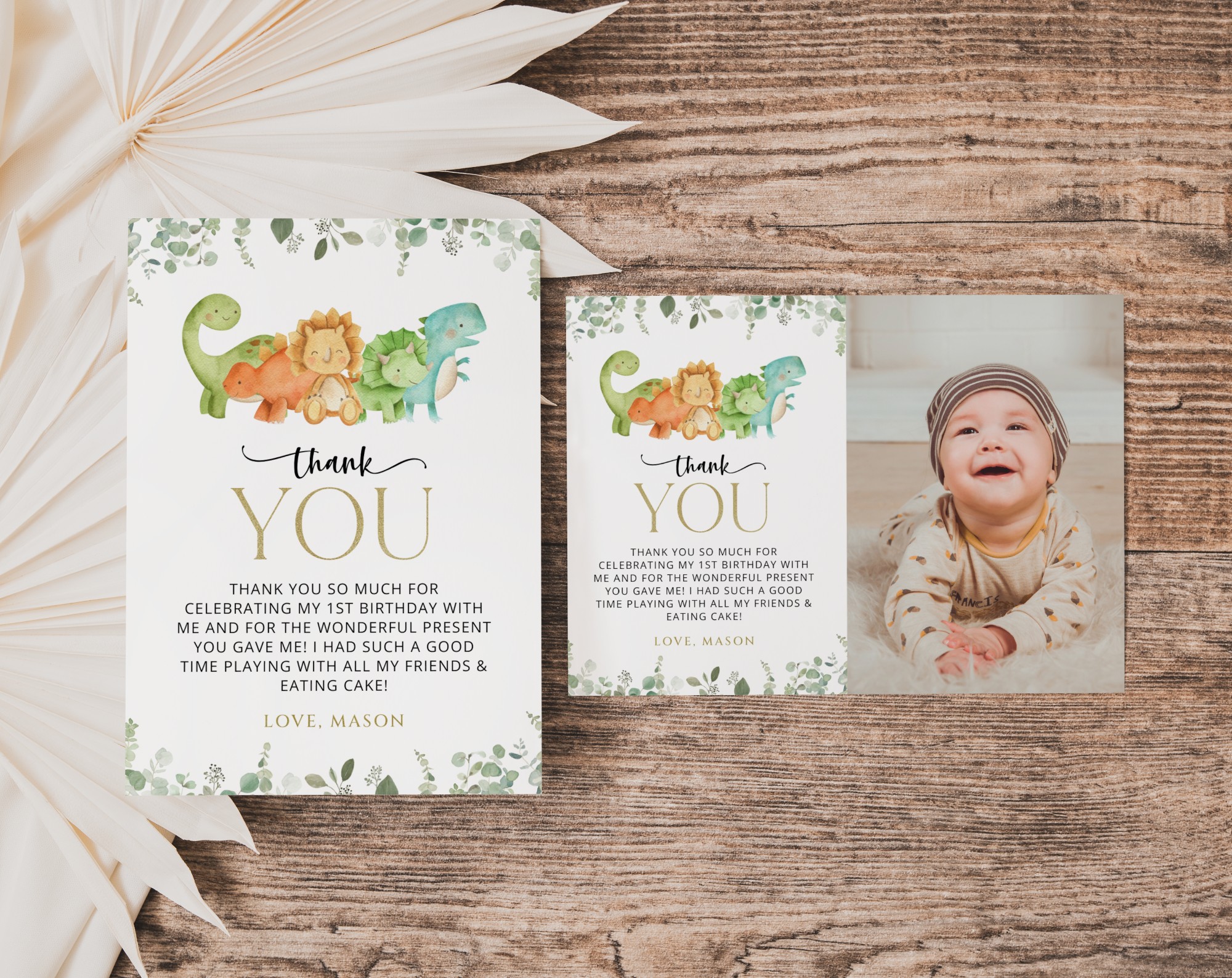 Cute Dinosaurs Thank You Card, First Birthday, Boy Birthday, Printable File, Edit Yourself, SH25