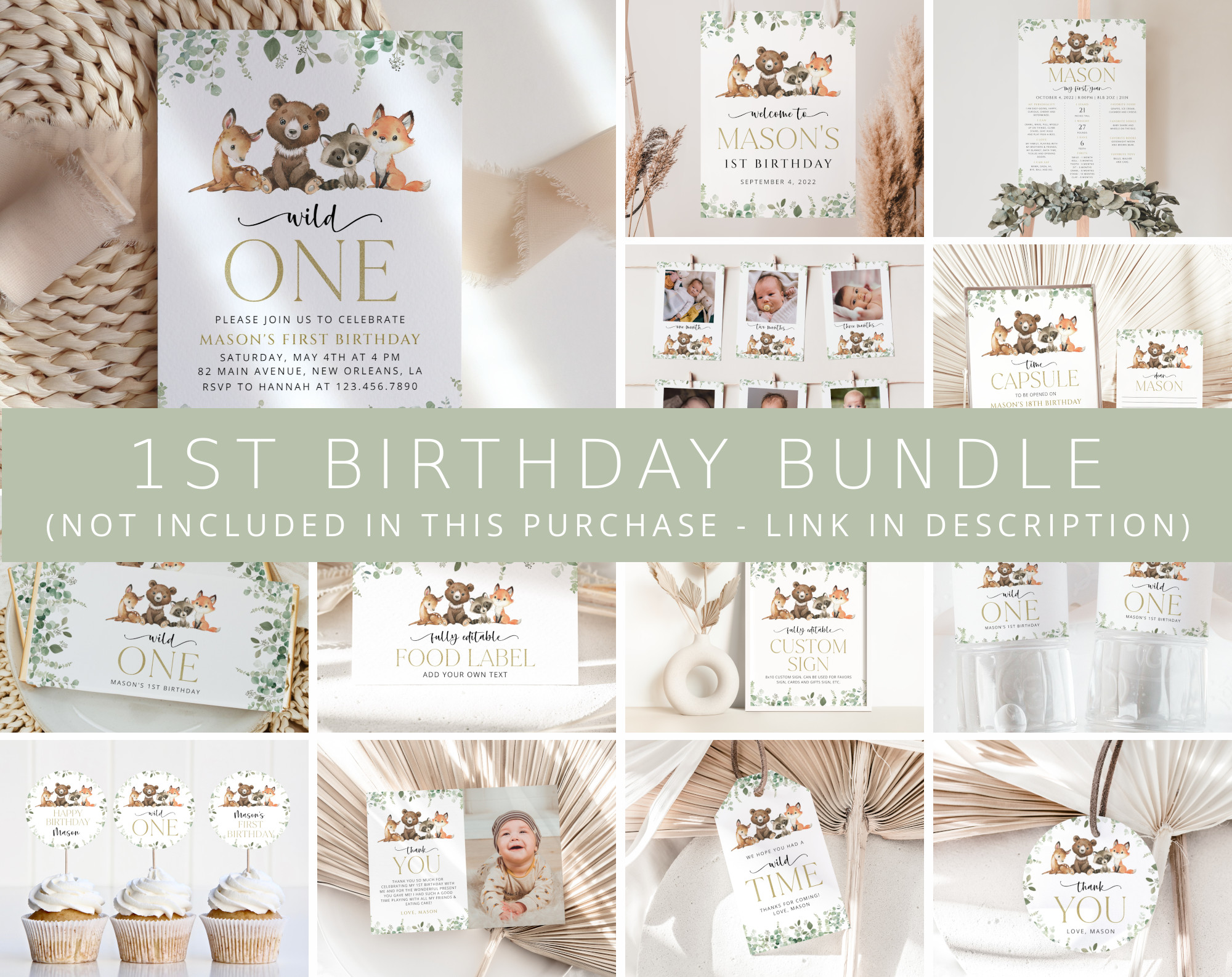 Forest Animals First Birthday Bundle, Printable File, Edit Yourself, SH28 Forest Animals First Birthday Bundle, Printable File, Edit Yourself, SH28