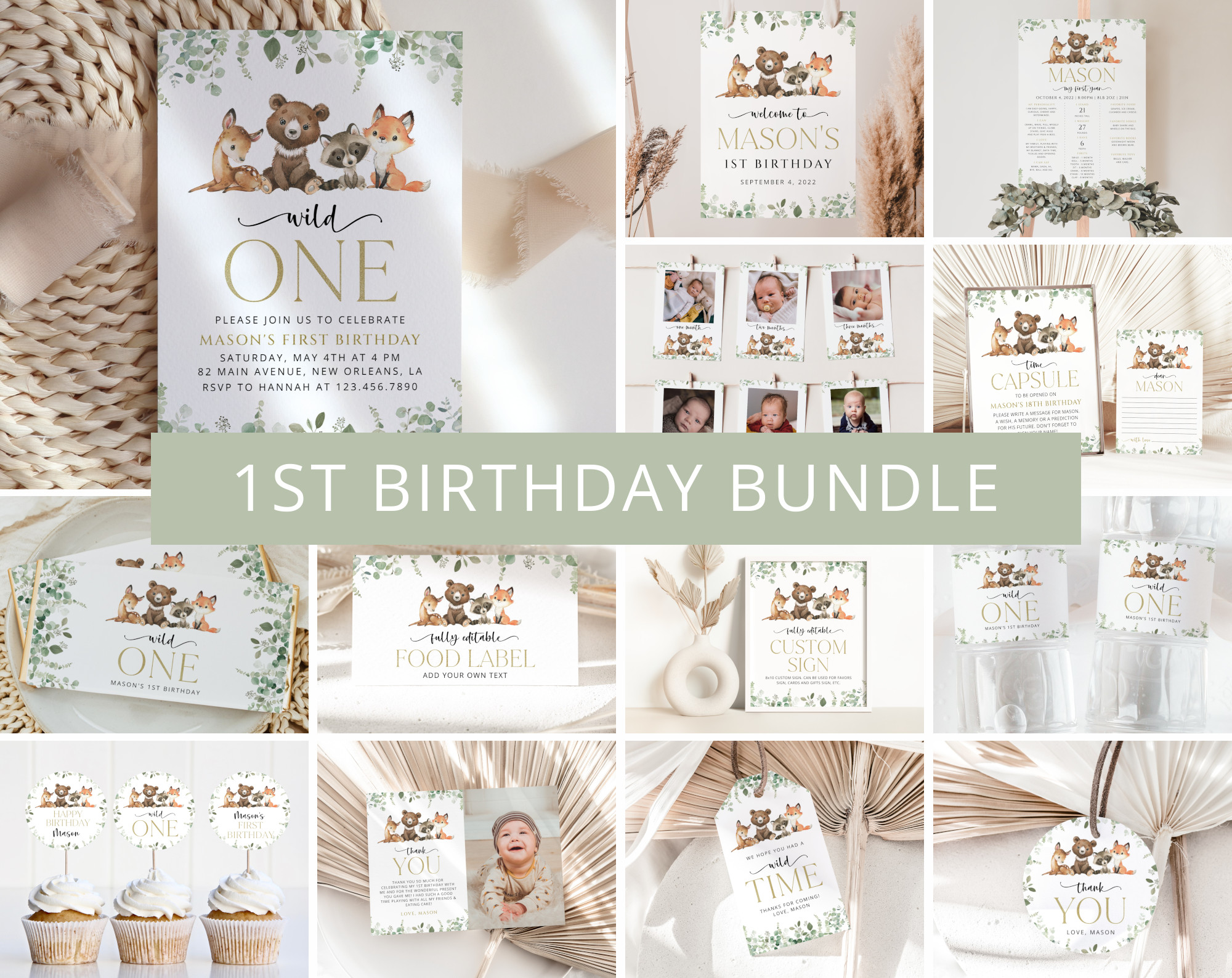 Forest Animals First Birthday Bundle, Printable File, Edit Yourself, SH28 Forest Animals First Birthday Bundle, Printable File, Edit Yourself, SH28