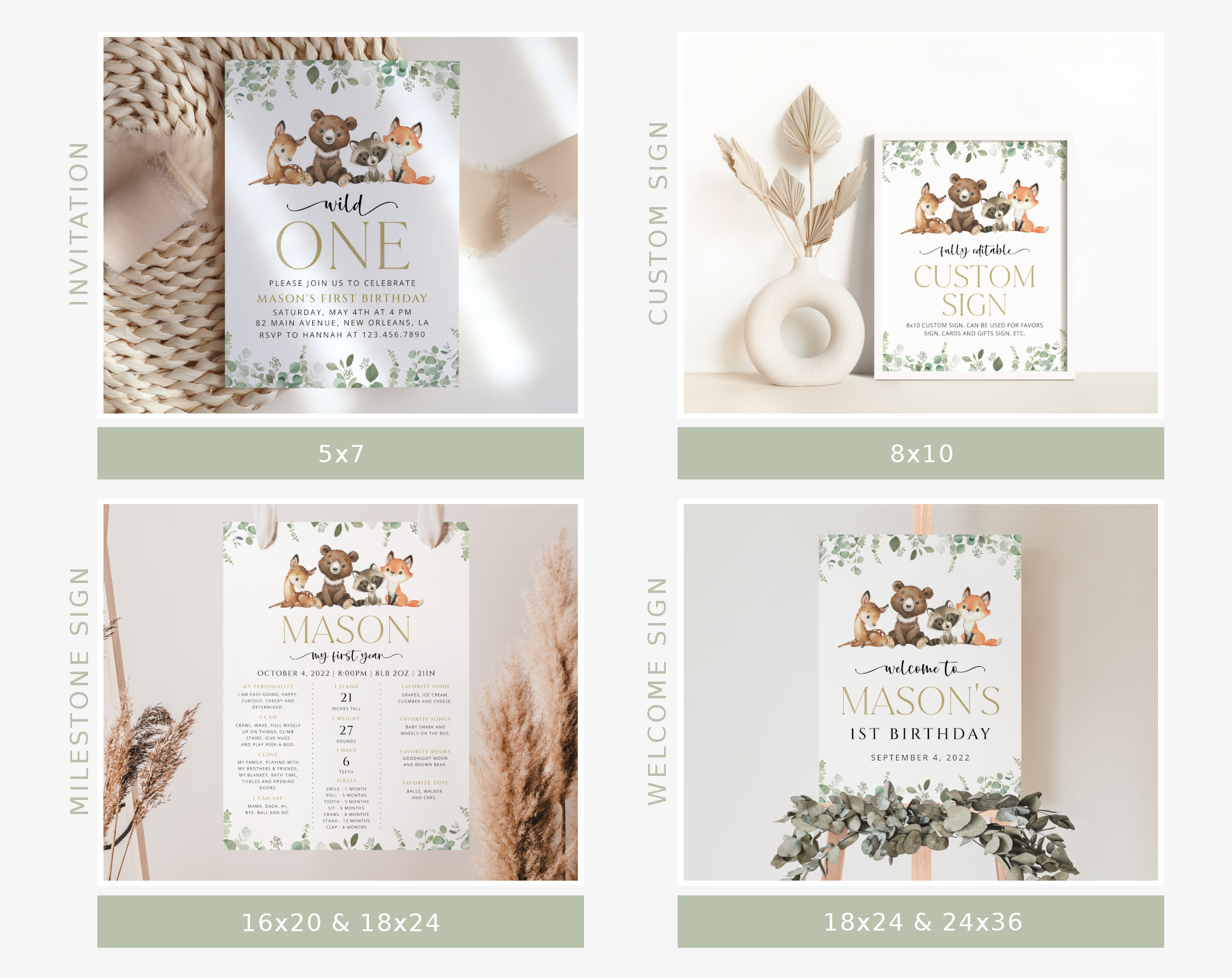 Forest Animals First Birthday Bundle, Printable File, Edit Yourself, SH28