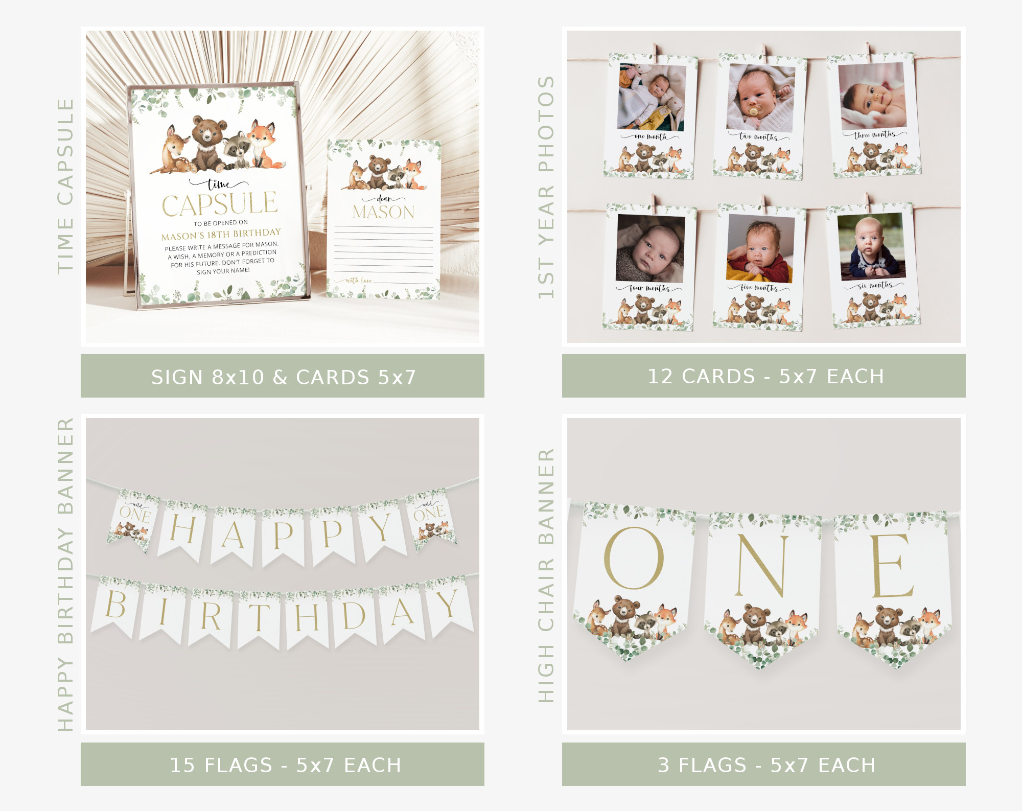 Forest Animals First Birthday Bundle, Printable File, Edit Yourself, SH28