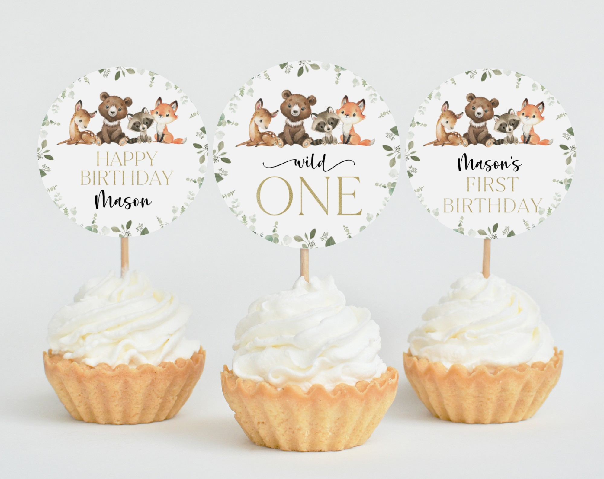 Forest Animals Cupcake Toppers, First Birthday, Printable File, Edit Yourself, SH28 Forest Animals Cupcake Toppers, First Birthday, Printable File, Edit Yourself, SH28