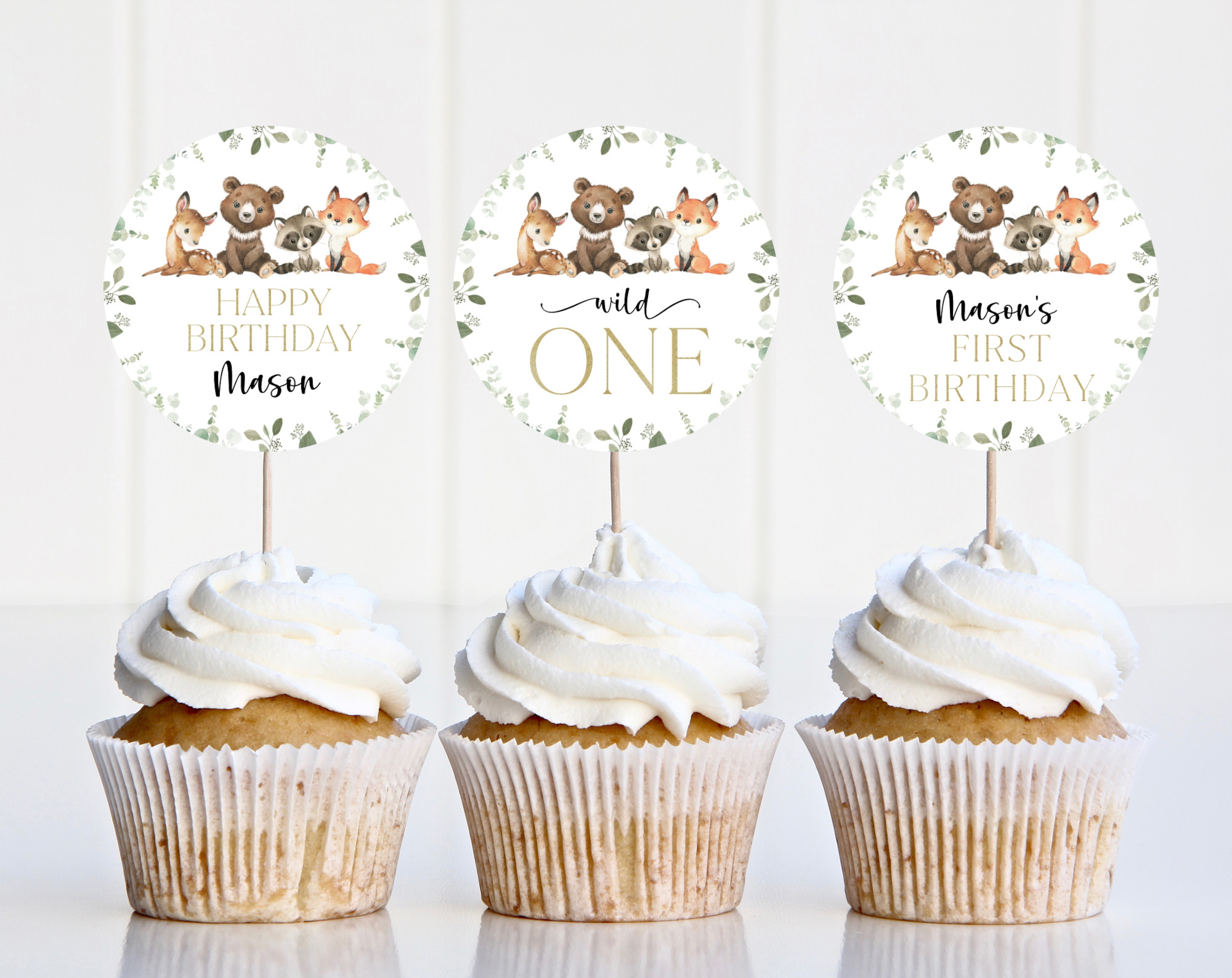 Forest Animals Cupcake Toppers, First Birthday, Printable File, Edit Yourself, SH28 Forest Animals Cupcake Toppers, First Birthday, Printable File, Edit Yourself, SH28