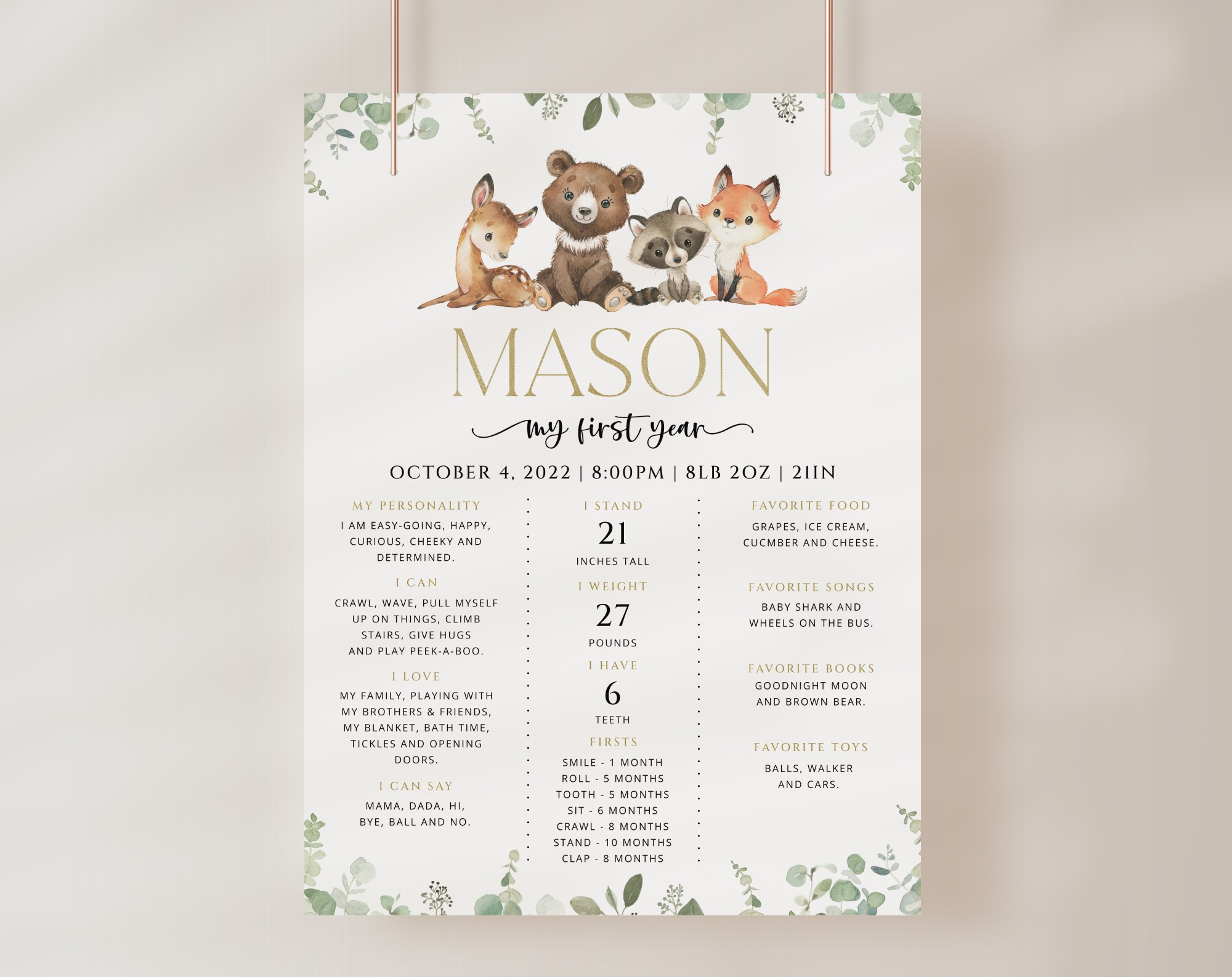 Forest Animals Milestone Sign, Birthday Sign, First Birthday, Printable File, Edit Yourself, SH28