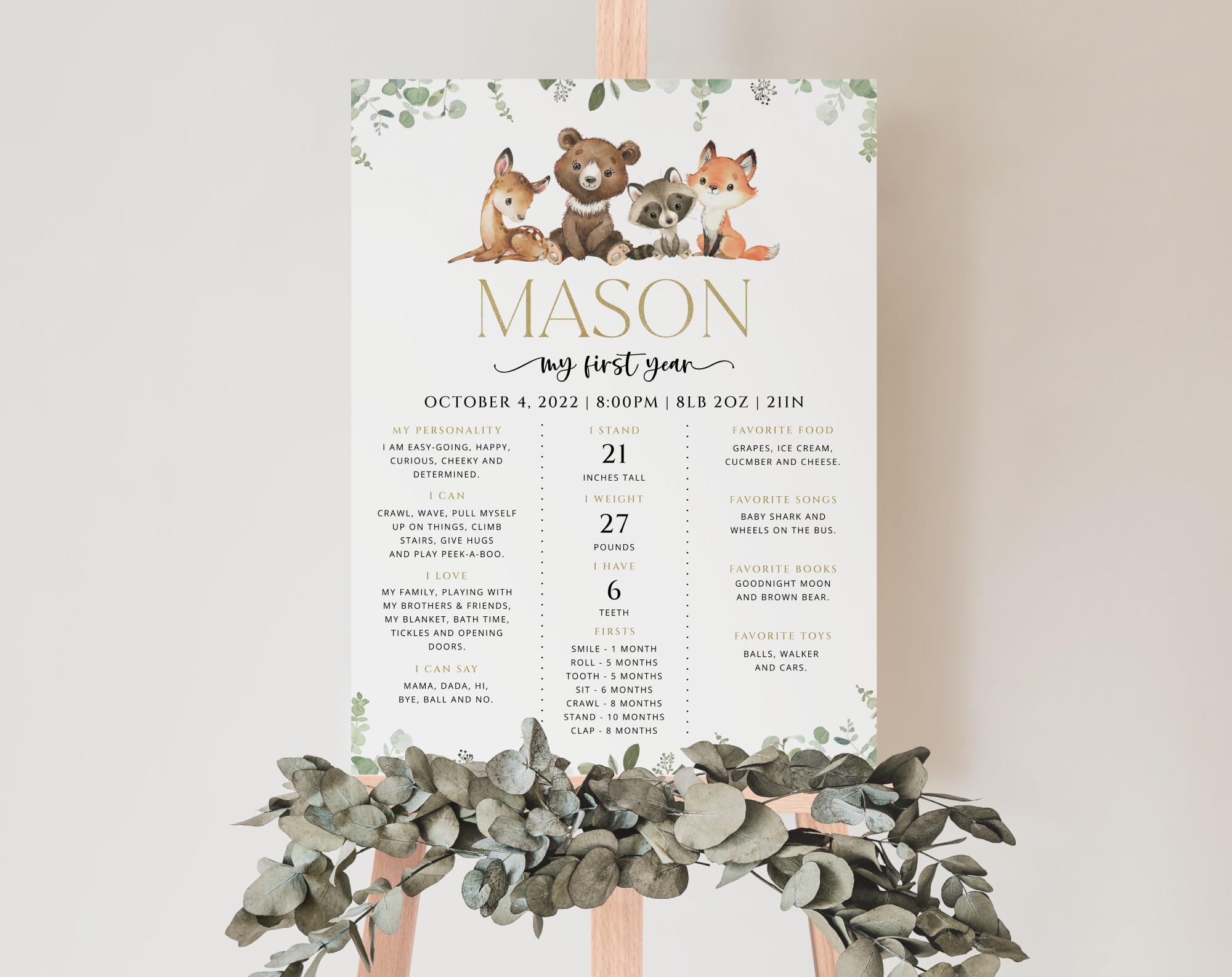 Forest Animals Milestone Sign, Birthday Sign, First Birthday, Printable File, Edit Yourself, SH28