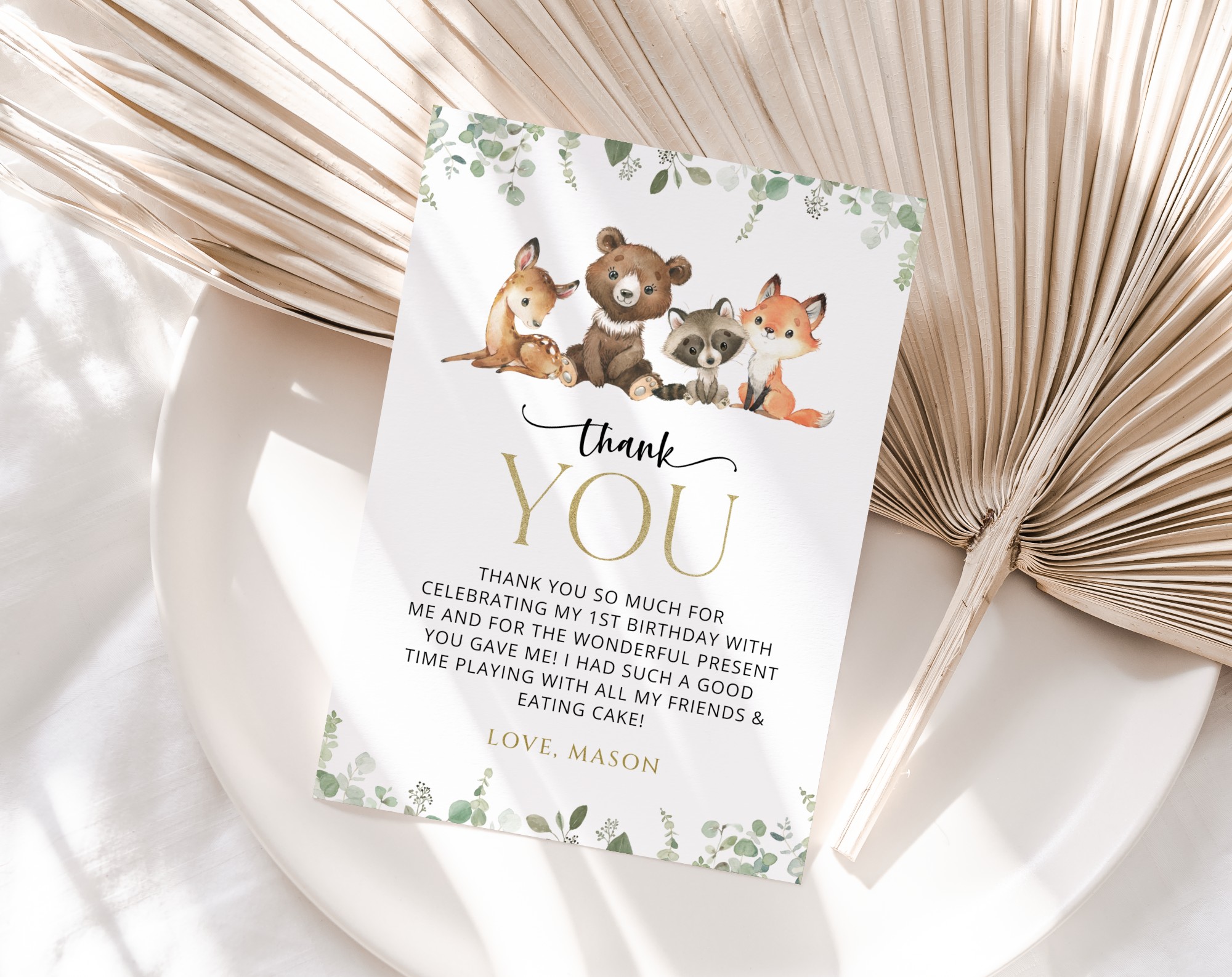 Forest Animals Thank You Card, First Birthday, Printable File, Edit Yourself, SH28 Forest Animals Thank You Card, First Birthday, Printable File, Edit Yourself, SH28