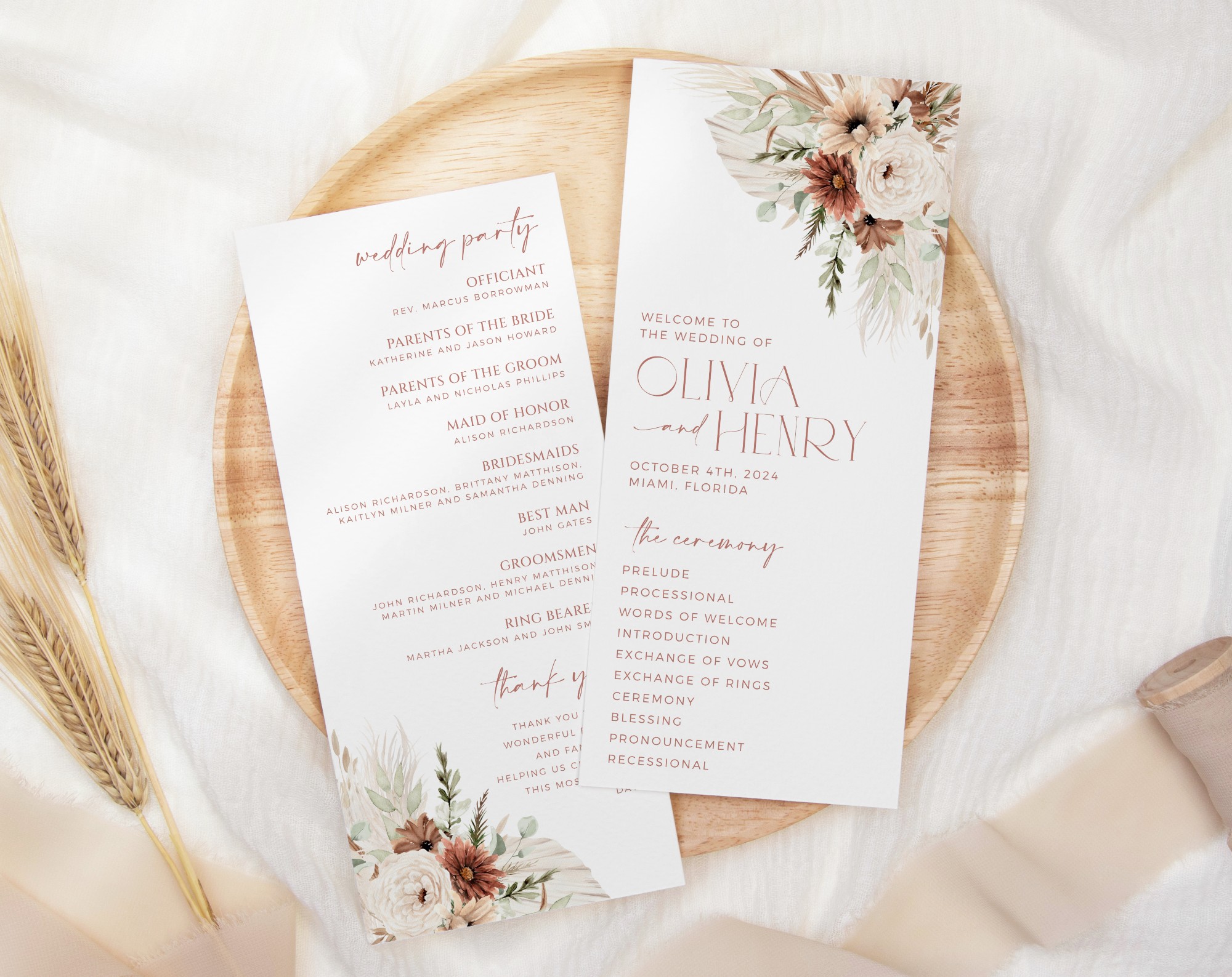 Boho Flowers Wedding Program, Wedding Stationery, Printable File, Edit Yourself, SH32