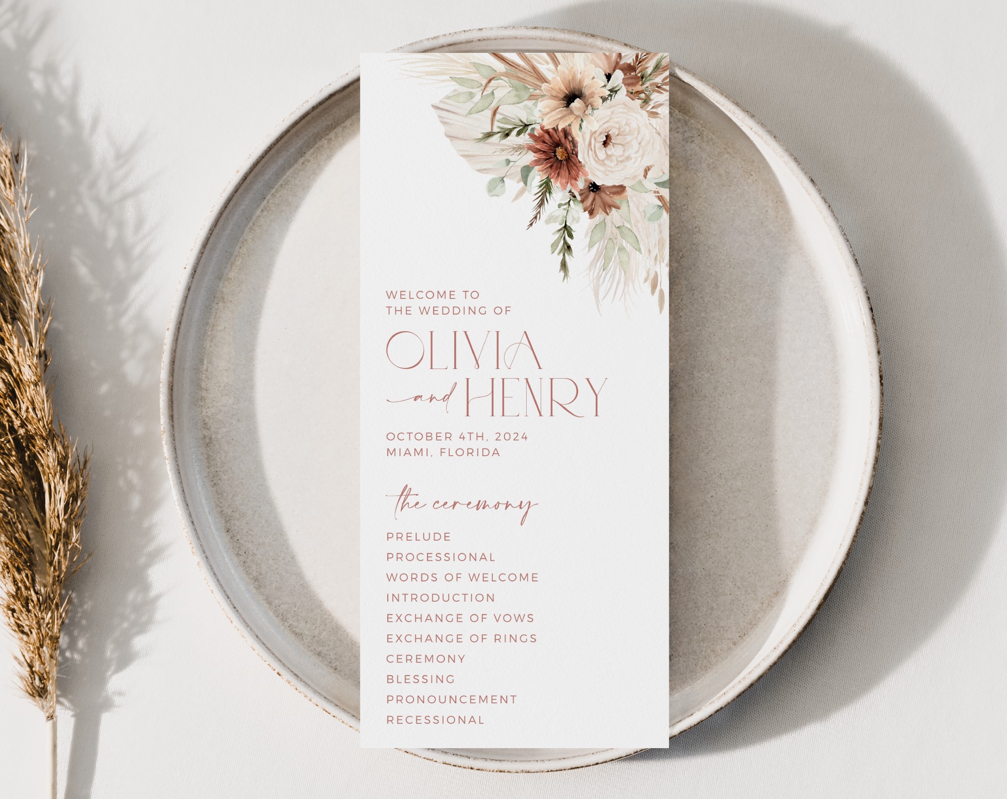 Boho Flowers Wedding Program, Wedding Stationery, Printable File, Edit Yourself, SH32