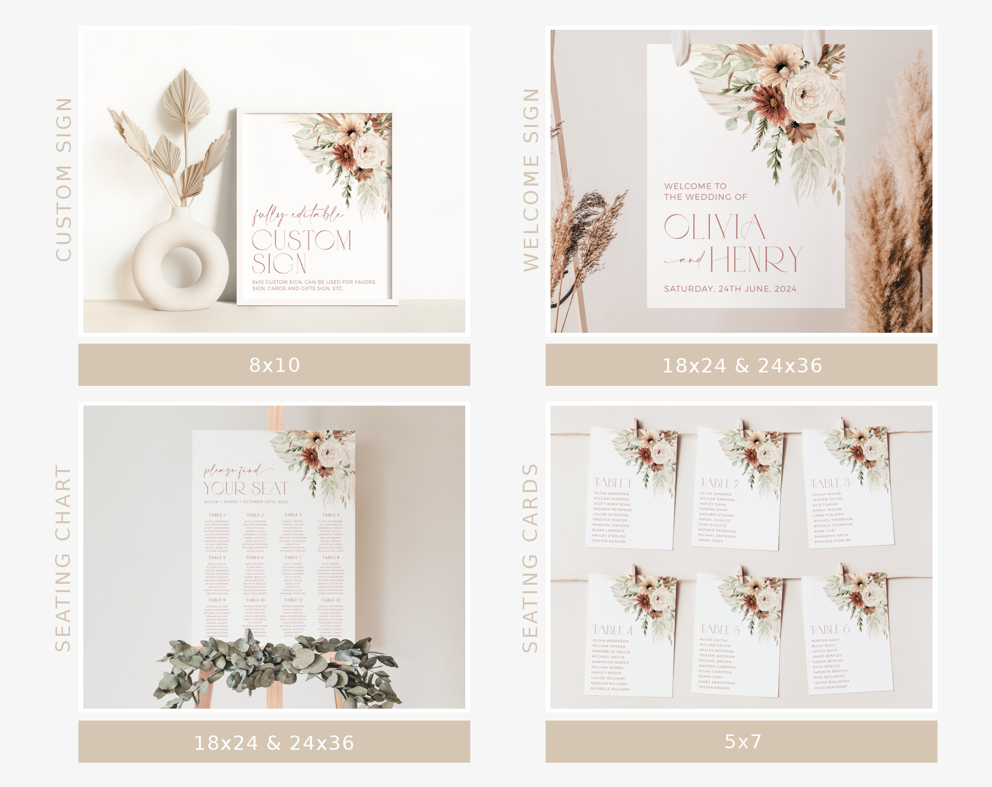 Boho Flowers Wedding Bundle, Printable File, Edit Yourself, SH32