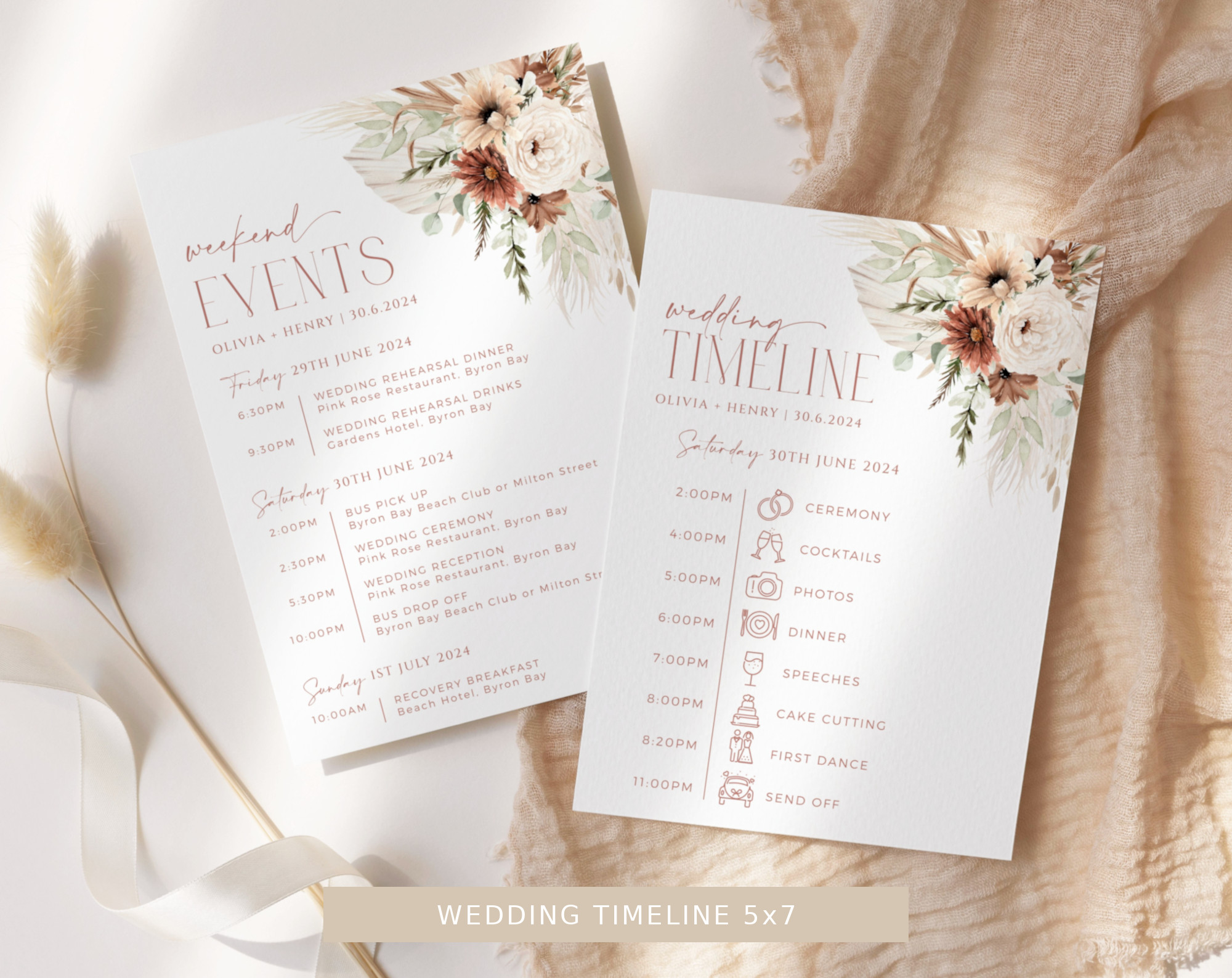 Boho Flowers Wedding Bundle, Printable File, Edit Yourself, SH32