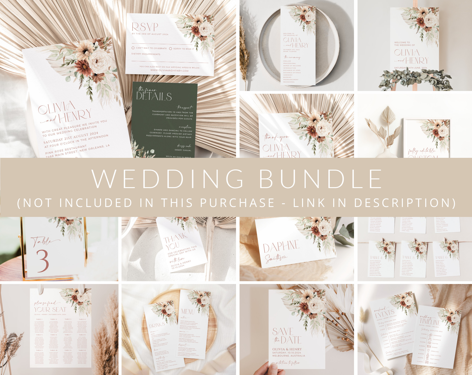Boho Flowers Wedding Bundle, Printable File, Edit Yourself, SH32 Boho Flowers Wedding Bundle, Printable File, Edit Yourself, SH32