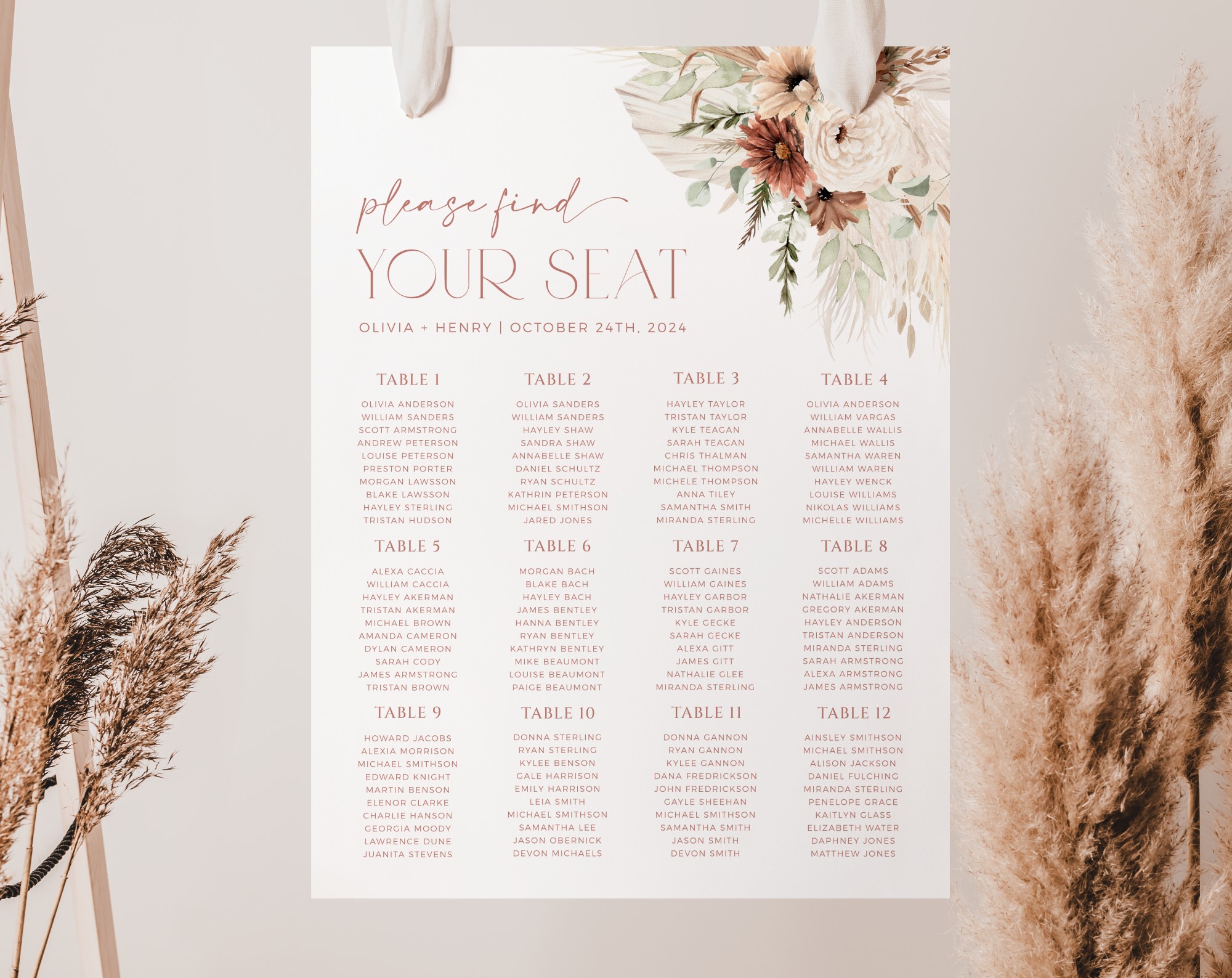 Boho Flowers Seating Chart, Wedding Sign, Printable File, Edit Yourself, SH32