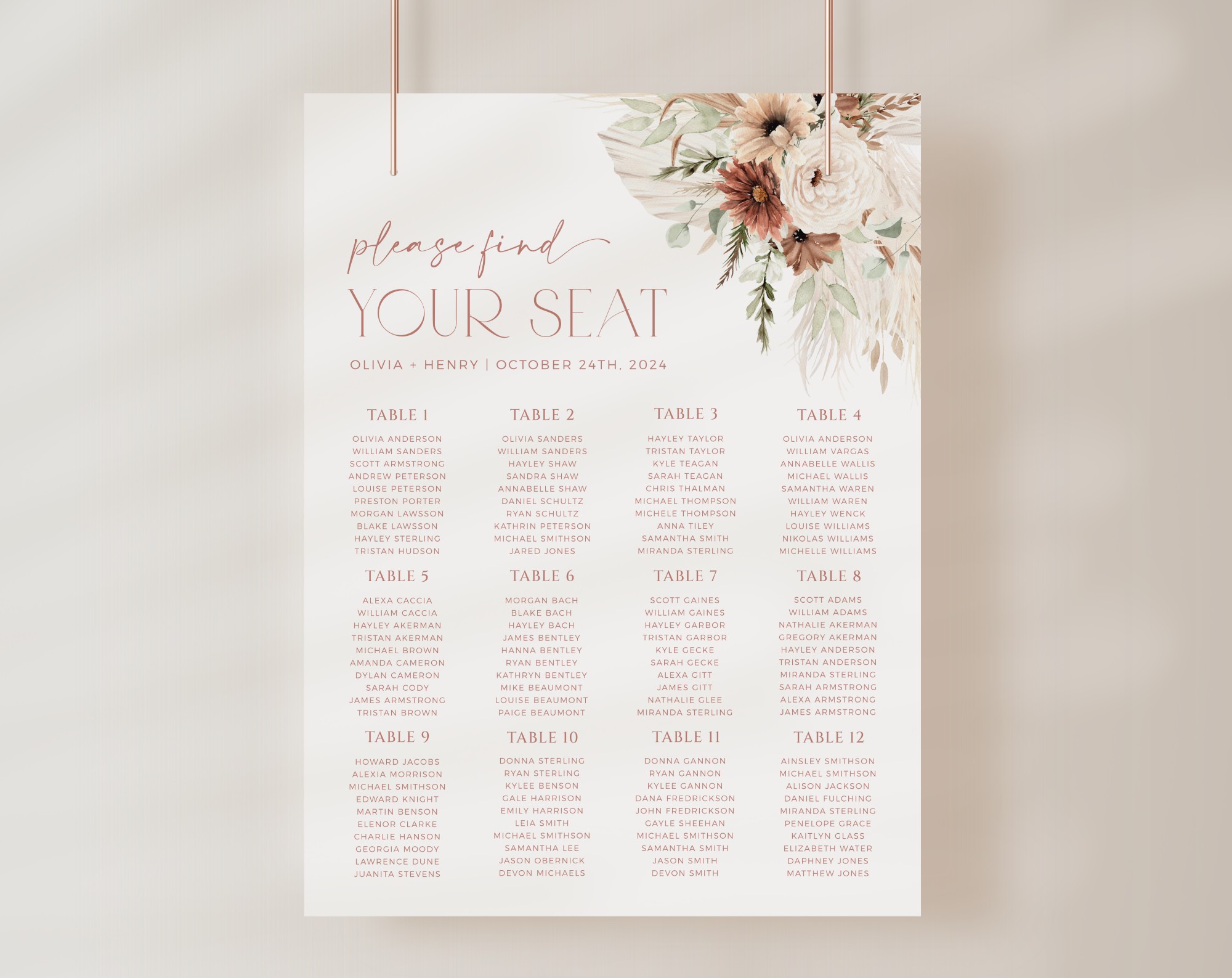 Boho Flowers Seating Chart, Wedding Sign, Printable File, Edit Yourself, SH32