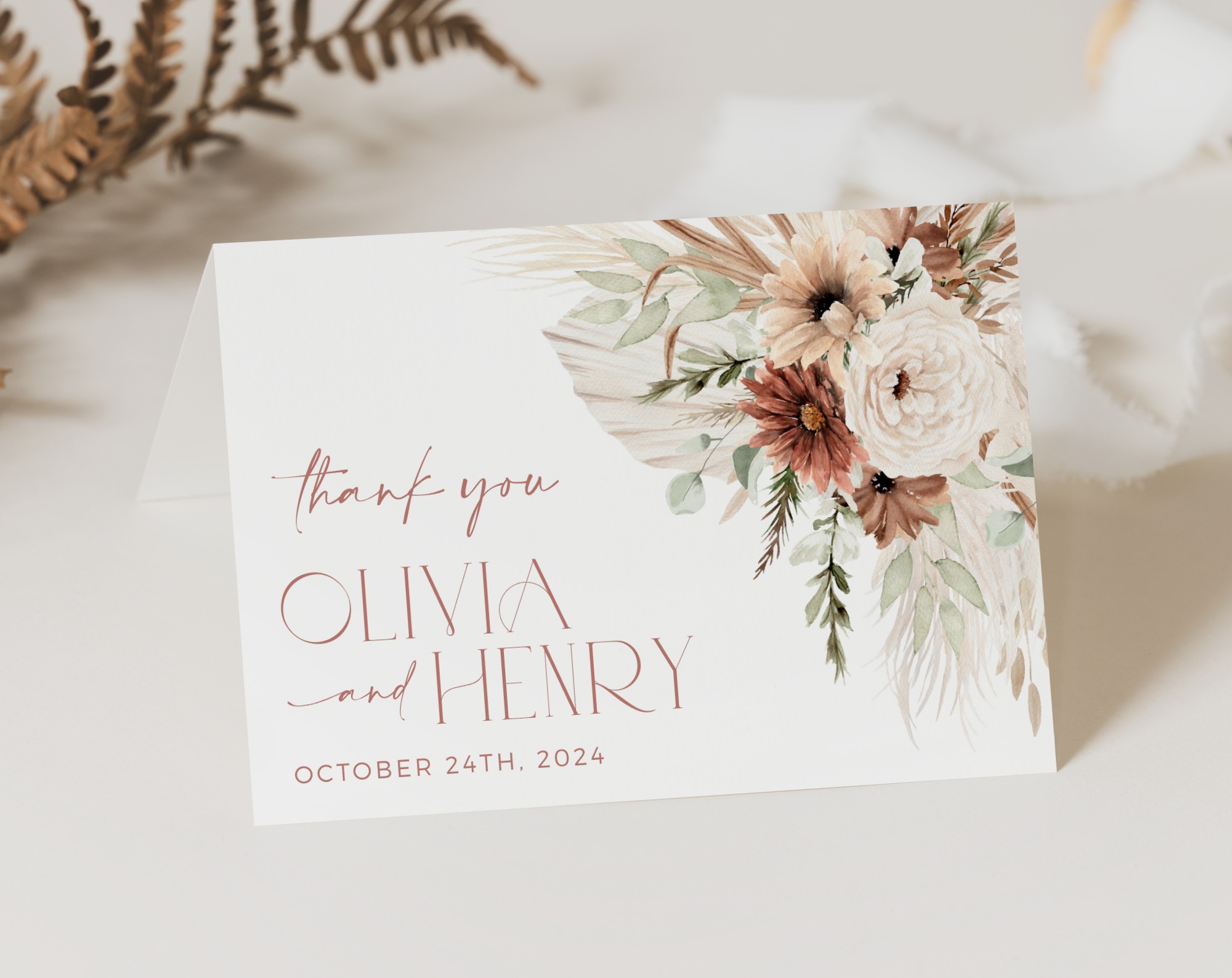 Boho Flowers Thank You Card, Wedding Stationery, Printable File, Edit Yourself, SH32 Boho Flowers Thank You Card, Wedding Stationery, Printable File, Edit Yourself, SH32