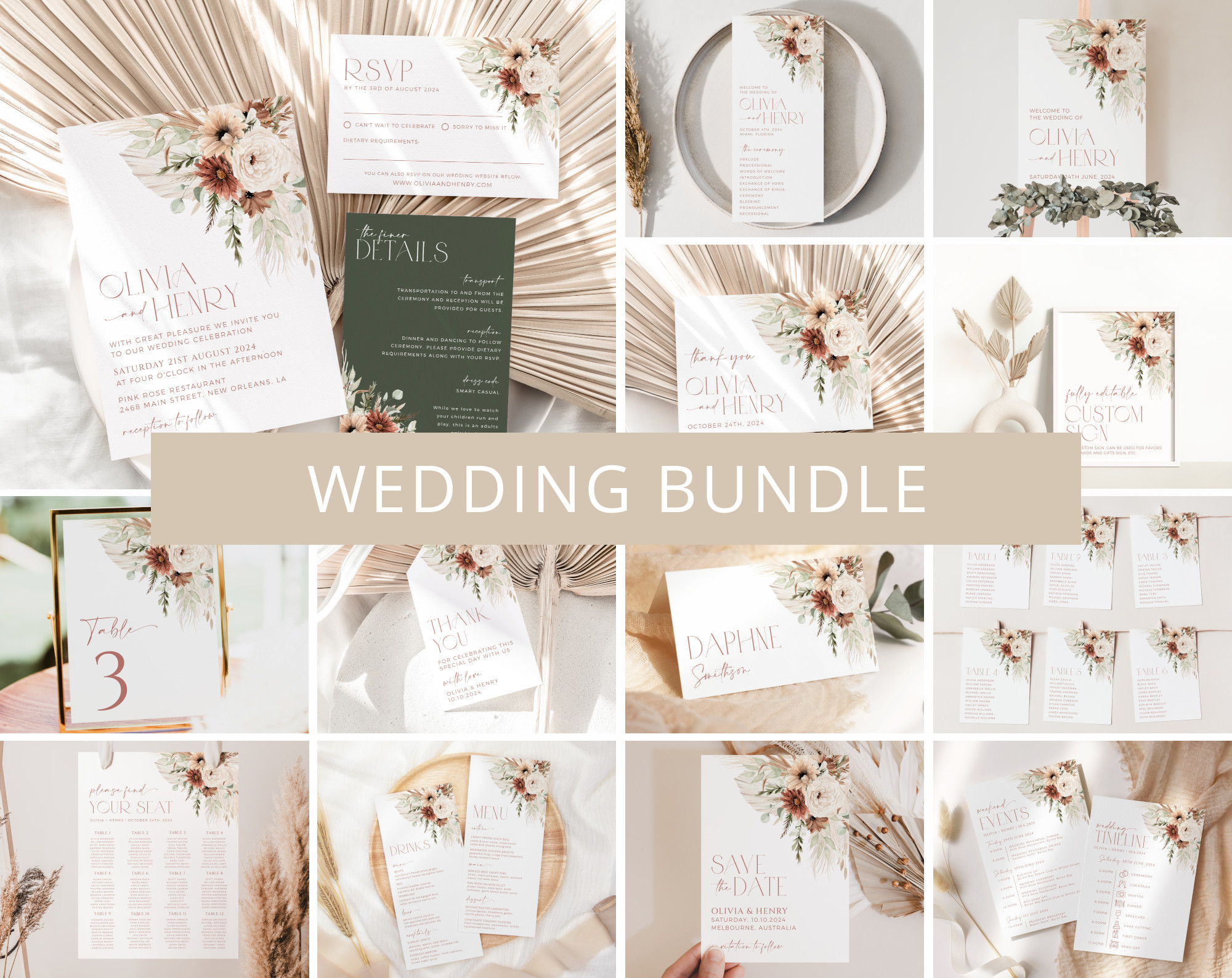 Boho Flowers Wedding Bundle, Printable File, Edit Yourself, SH32 Boho Flowers Wedding Bundle, Printable File, Edit Yourself, SH32