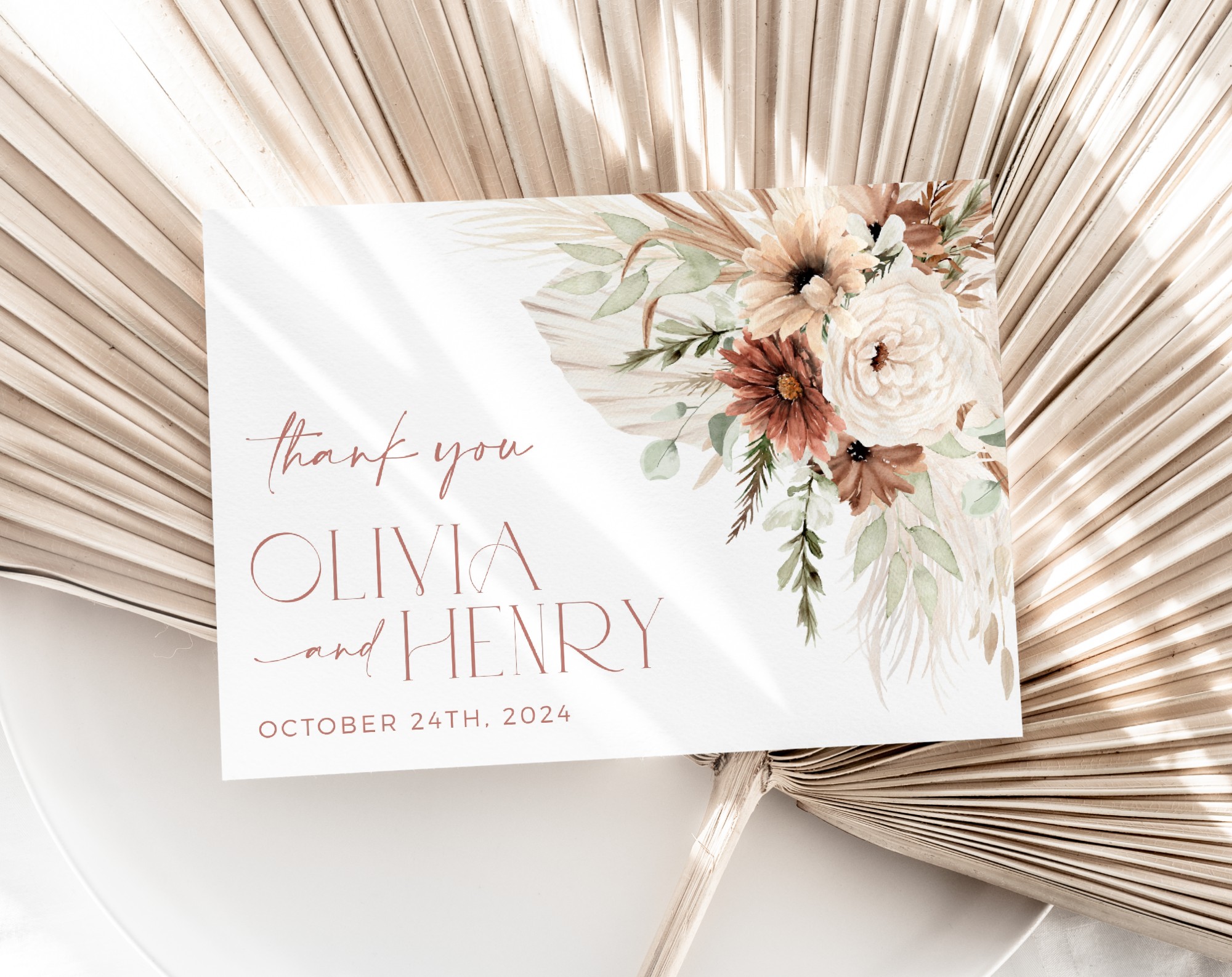 Boho Flowers Thank You Card, Wedding Stationery, Printable File, Edit Yourself, SH32