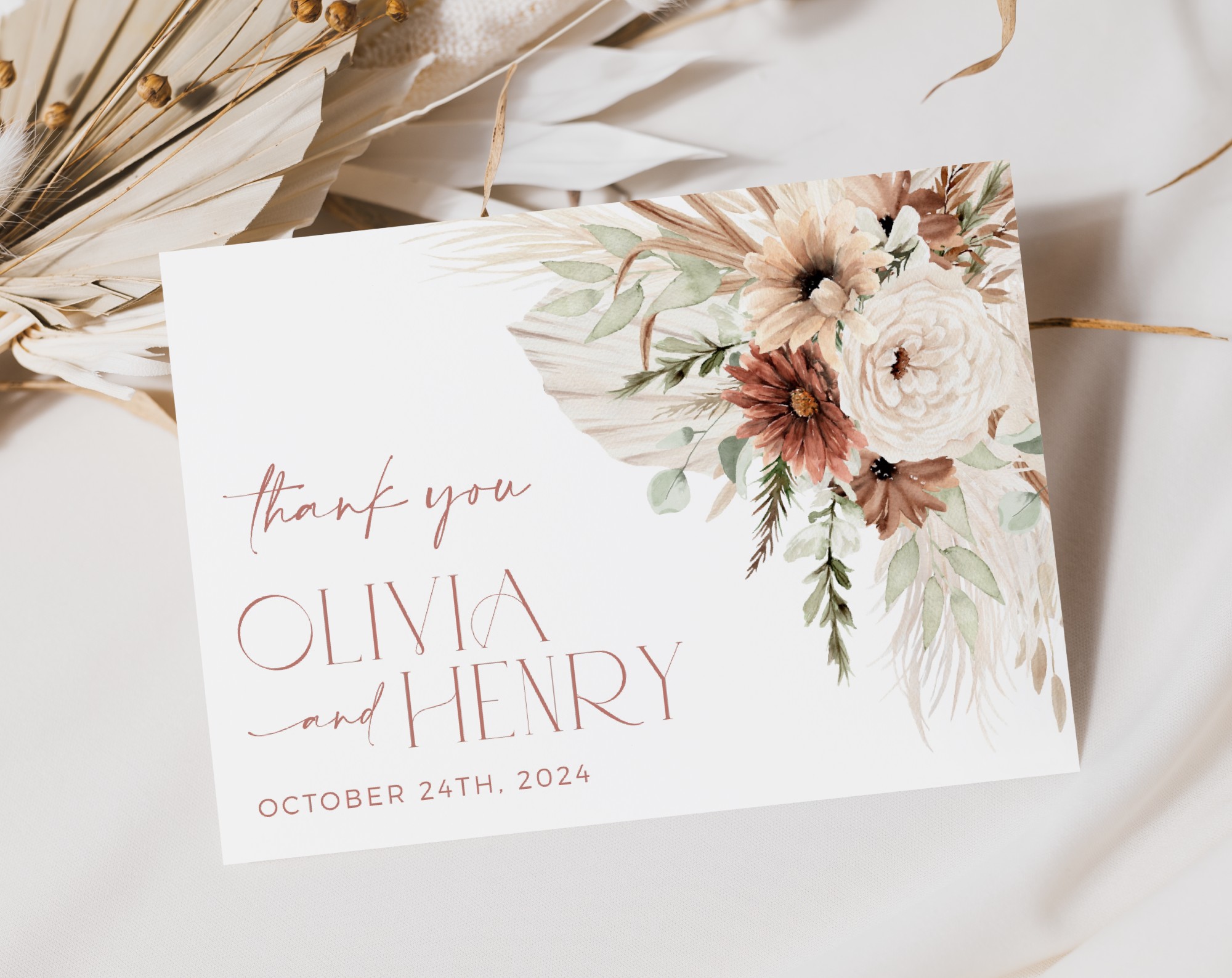 Boho Flowers Thank You Card, Wedding Stationery, Printable File, Edit Yourself, SH32 Boho Flowers Thank You Card, Wedding Stationery, Printable File, Edit Yourself, SH32