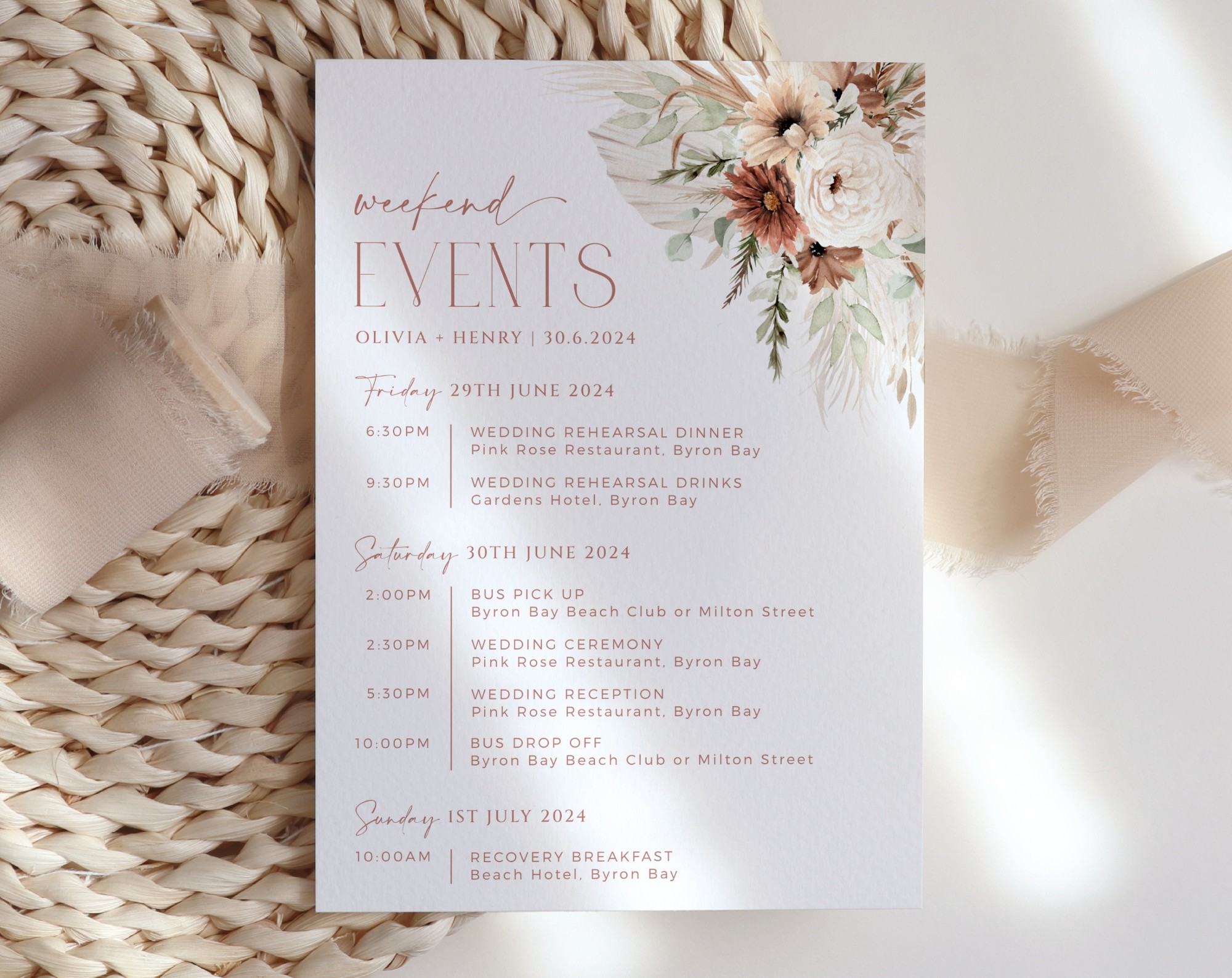 Boho Flowers Wedding Timeline, Wedding Stationery, Printable File, Edit Yourself, SH32