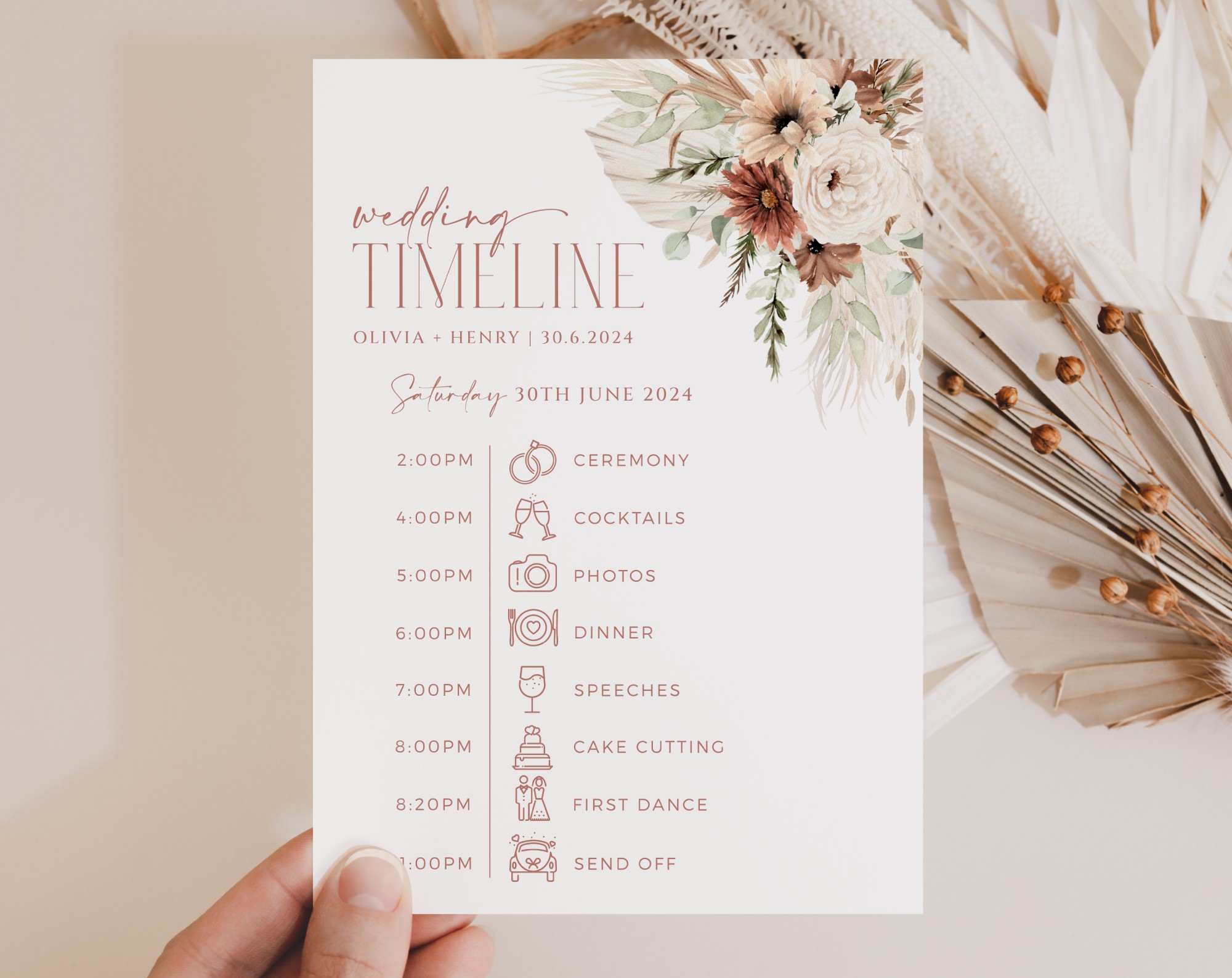 Boho Flowers Wedding Timeline, Wedding Stationery, Printable File, Edit Yourself, SH32
