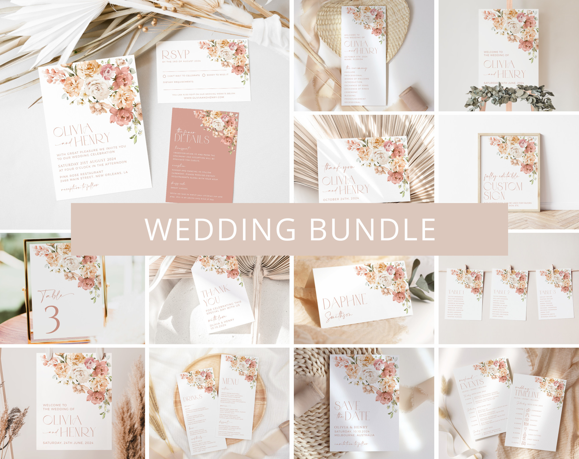 Dusty Rose Flowers Wedding Bundle, Printable File, Edit Yourself, SH37 Dusty Rose Flowers Wedding Bundle, Printable File, Edit Yourself, SH37