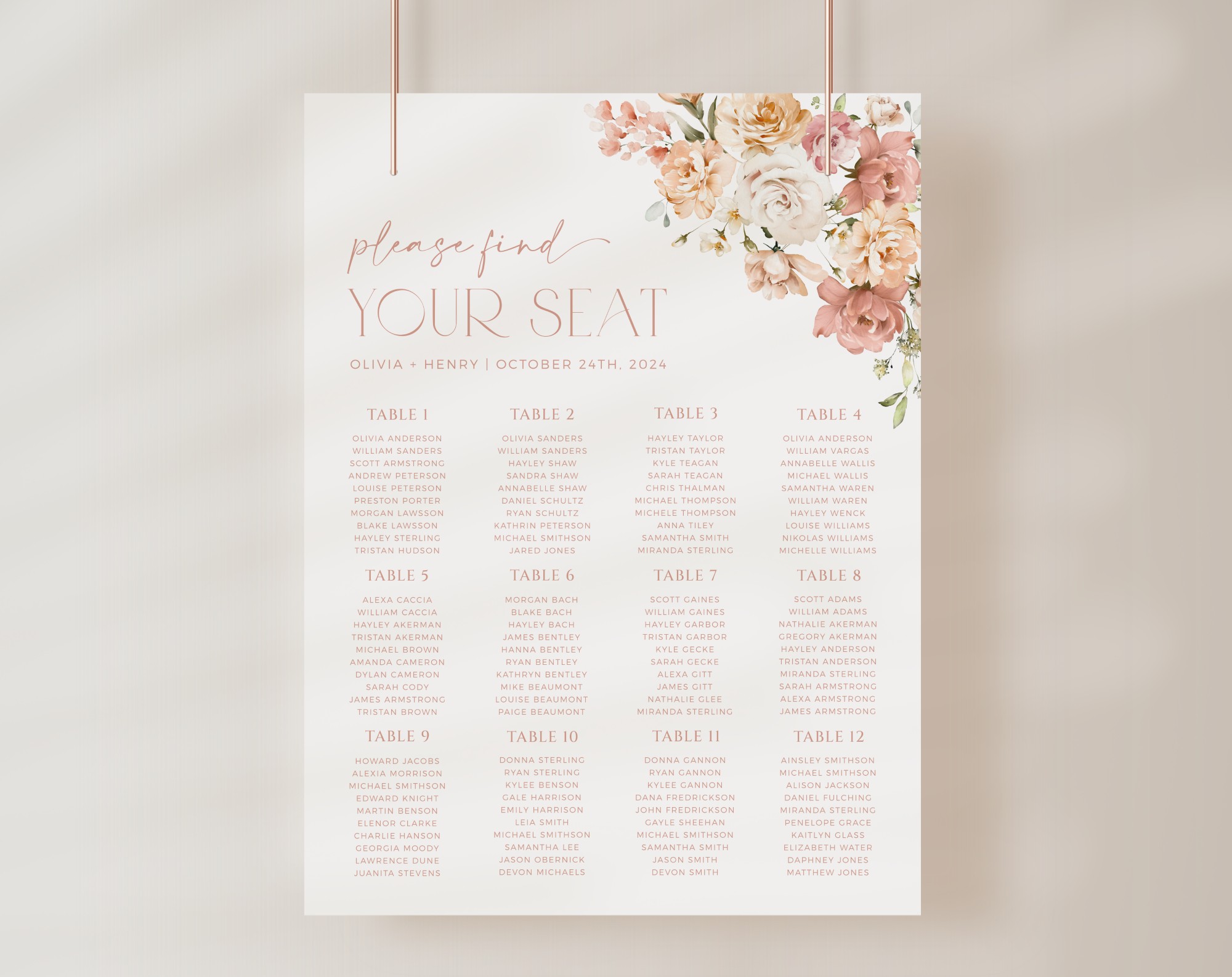 Dusty Rose Flowers Seating Chart, Wedding Sign, Printable File, Edit Yourself, SH37