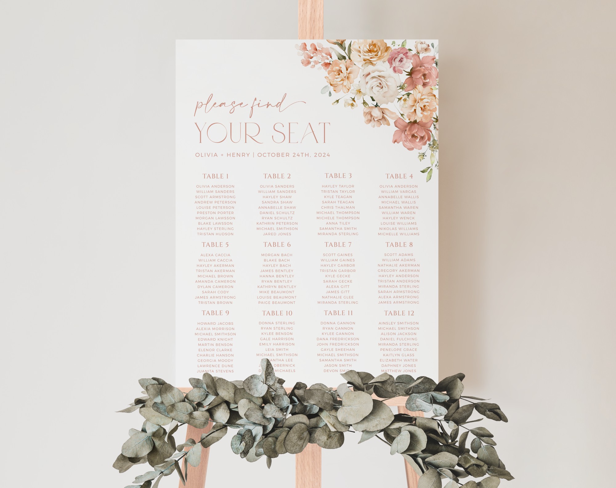 Dusty Rose Flowers Seating Chart, Wedding Sign, Printable File, Edit Yourself, SH37