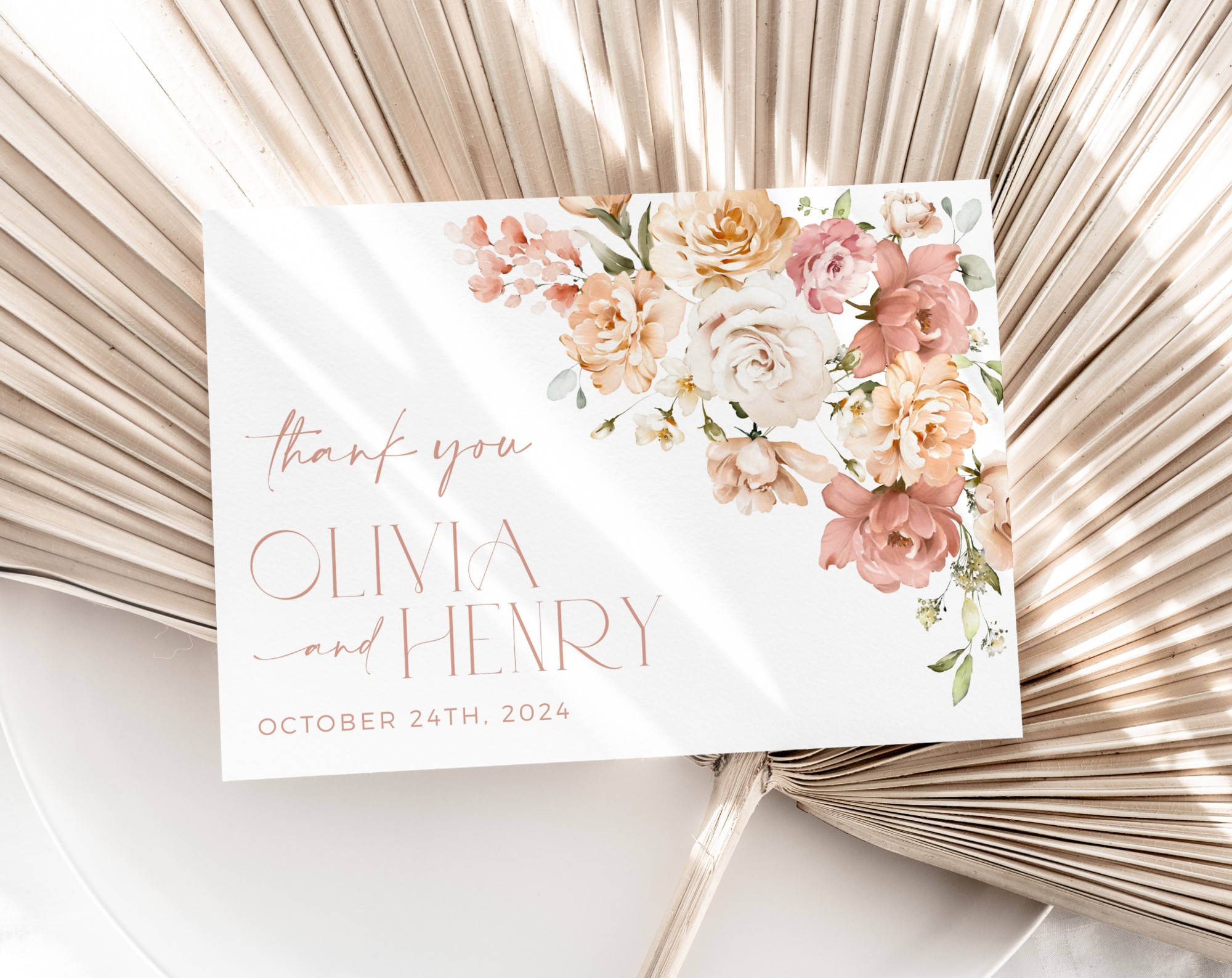 Dusty Rose Flowers Thank You Card, Wedding Stationery, Printable File, Edit Yourself, SH37