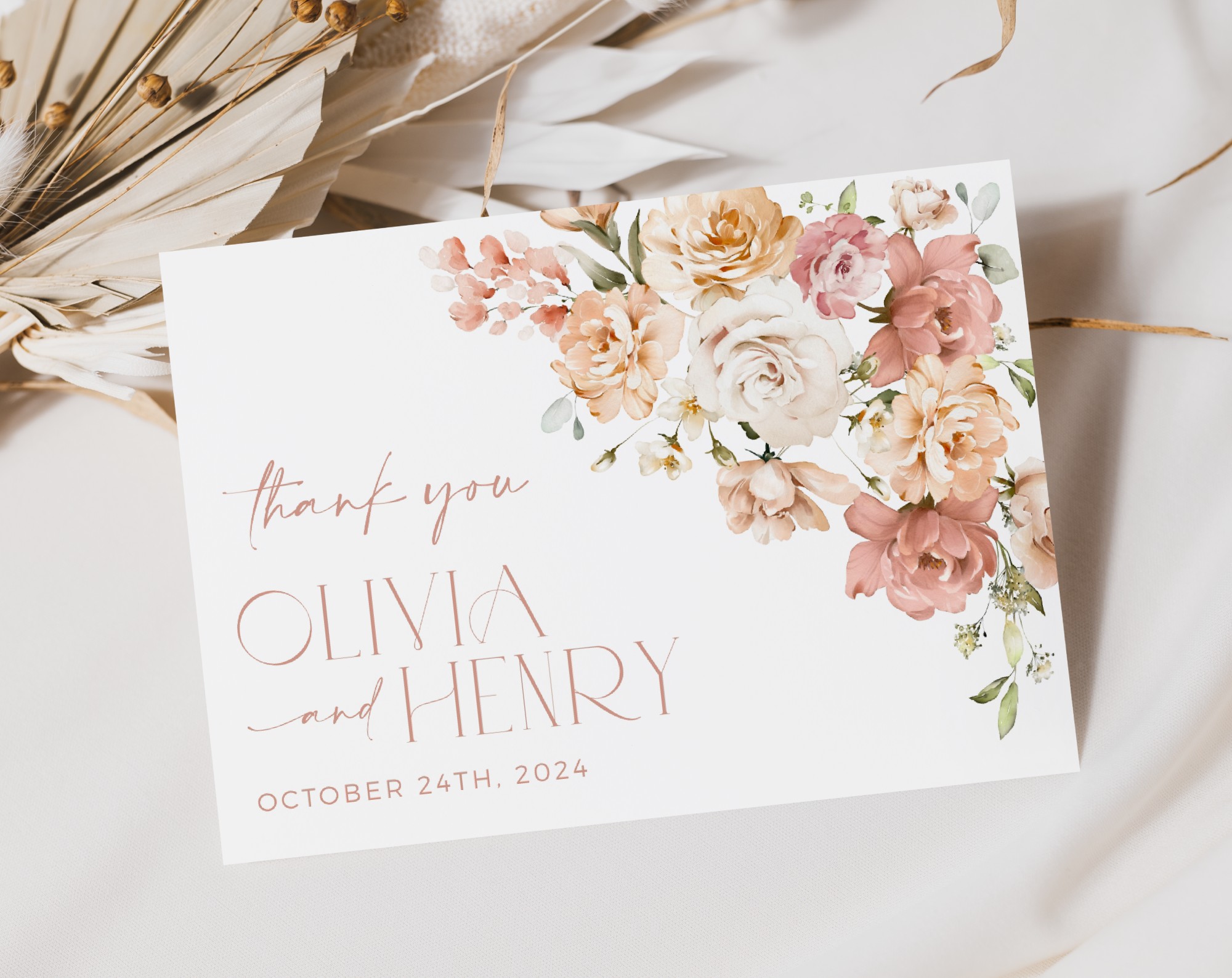 Dusty Rose Flowers Thank You Card, Wedding Stationery, Printable File, Edit Yourself, SH37