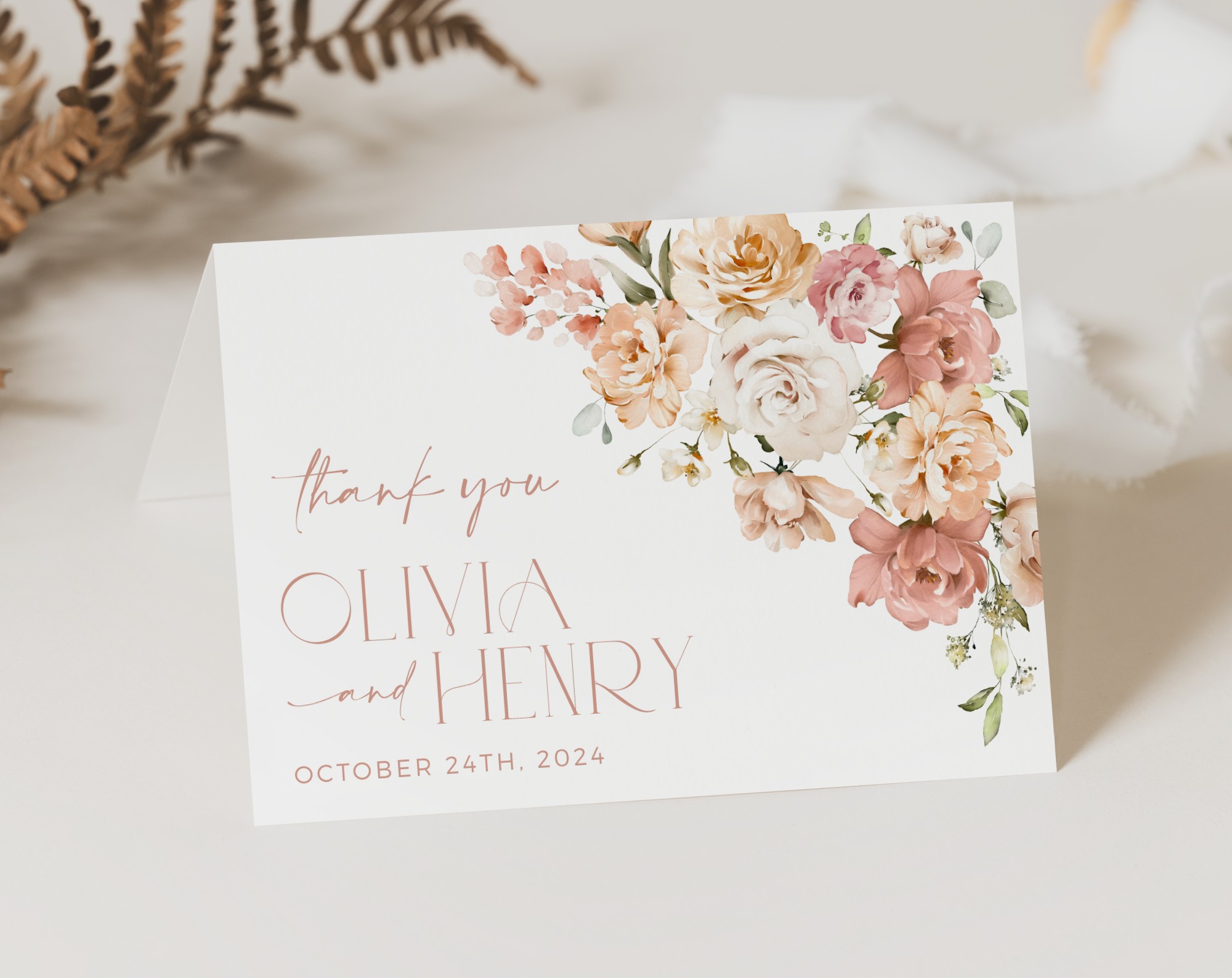 Dusty Rose Flowers Thank You Card, Wedding Stationery, Printable File, Edit Yourself, SH37 Dusty Rose Flowers Thank You Card, Wedding Stationery, Printable File, Edit Yourself, SH37