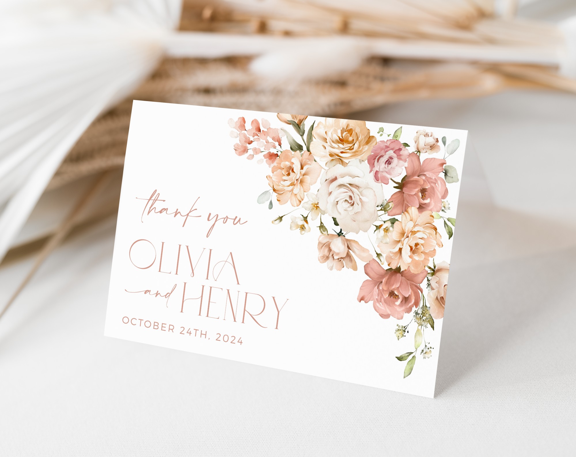 Dusty Rose Flowers Thank You Card, Wedding Stationery, Printable File, Edit Yourself, SH37