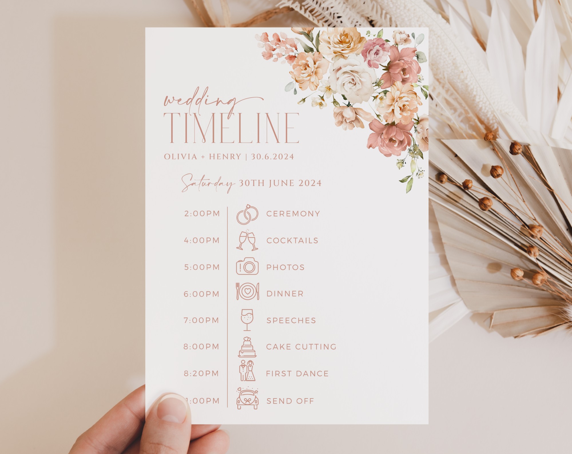 Dusty Rose Flowers Wedding Timeline, Wedding Stationery, Printable File, Edit Yourself, SH37 Dusty Rose Flowers Wedding Timeline, Wedding Stationery, Printable File, Edit Yourself, SH37