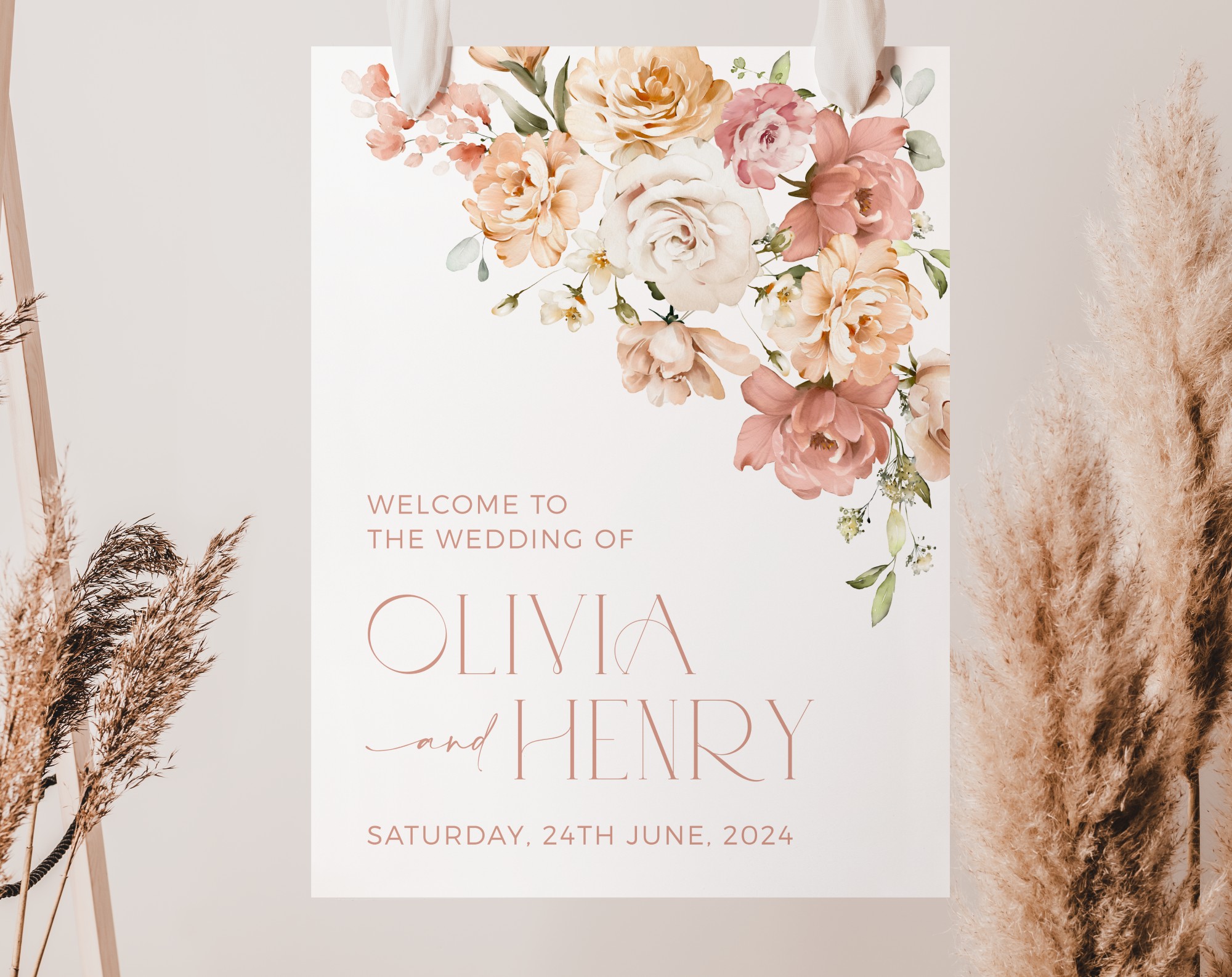 Dusty Rose Flowers Welcome Sign, Wedding Sign, Printable File, Edit Yourself, SH37