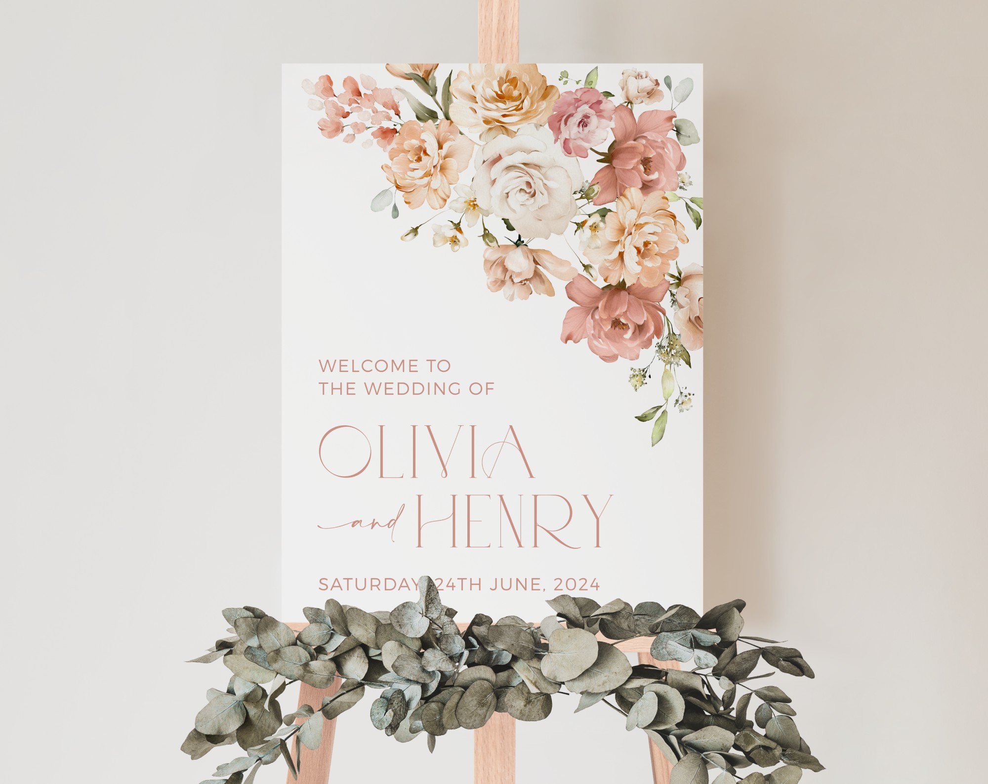 Dusty Rose Flowers Welcome Sign, Wedding Sign, Printable File, Edit Yourself, SH37