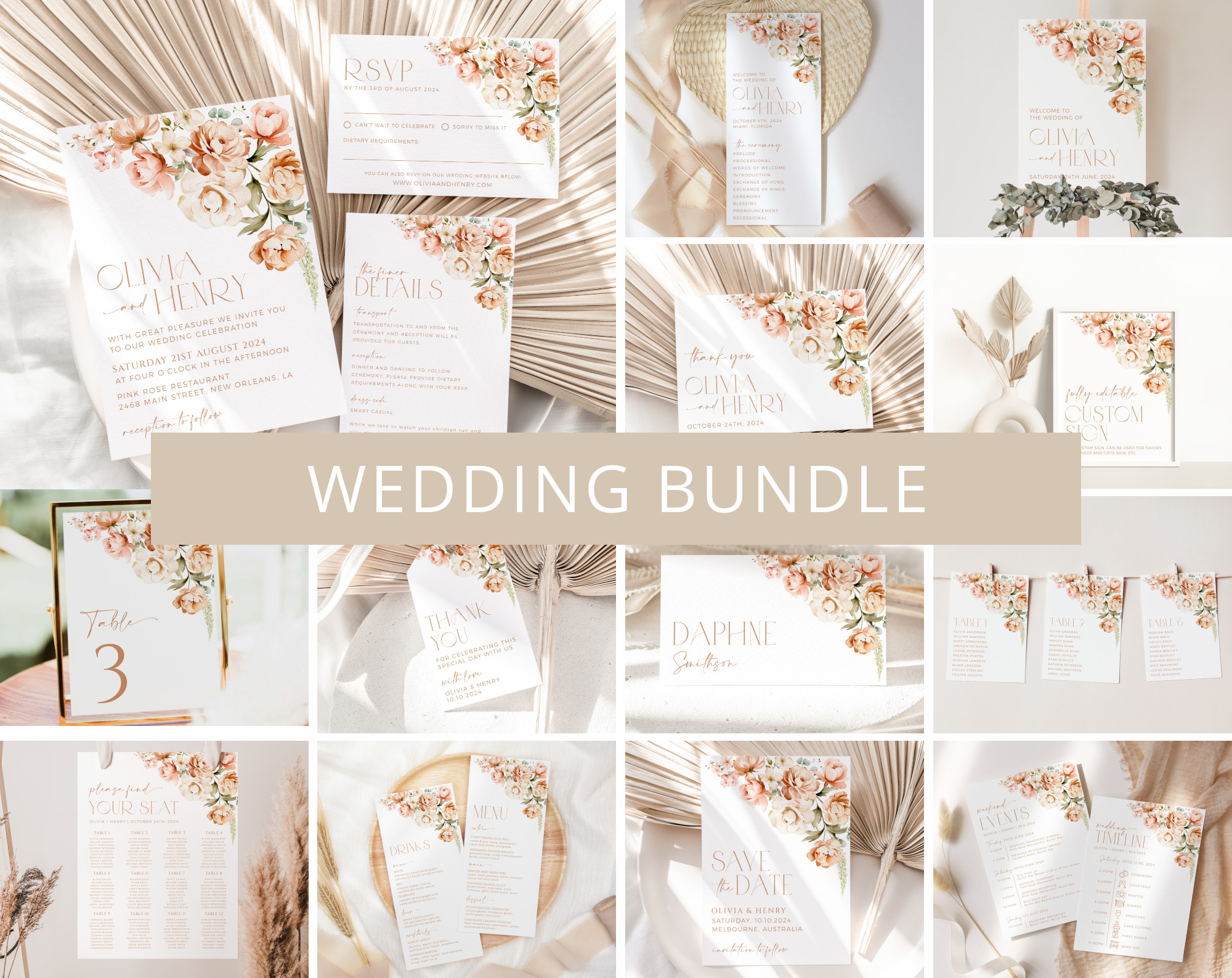 Peach and Cream Flowers Wedding Bundle, Printable File, Edit Yourself, SH42 Peach and Cream Flowers Wedding Bundle, Printable File, Edit Yourself, SH42