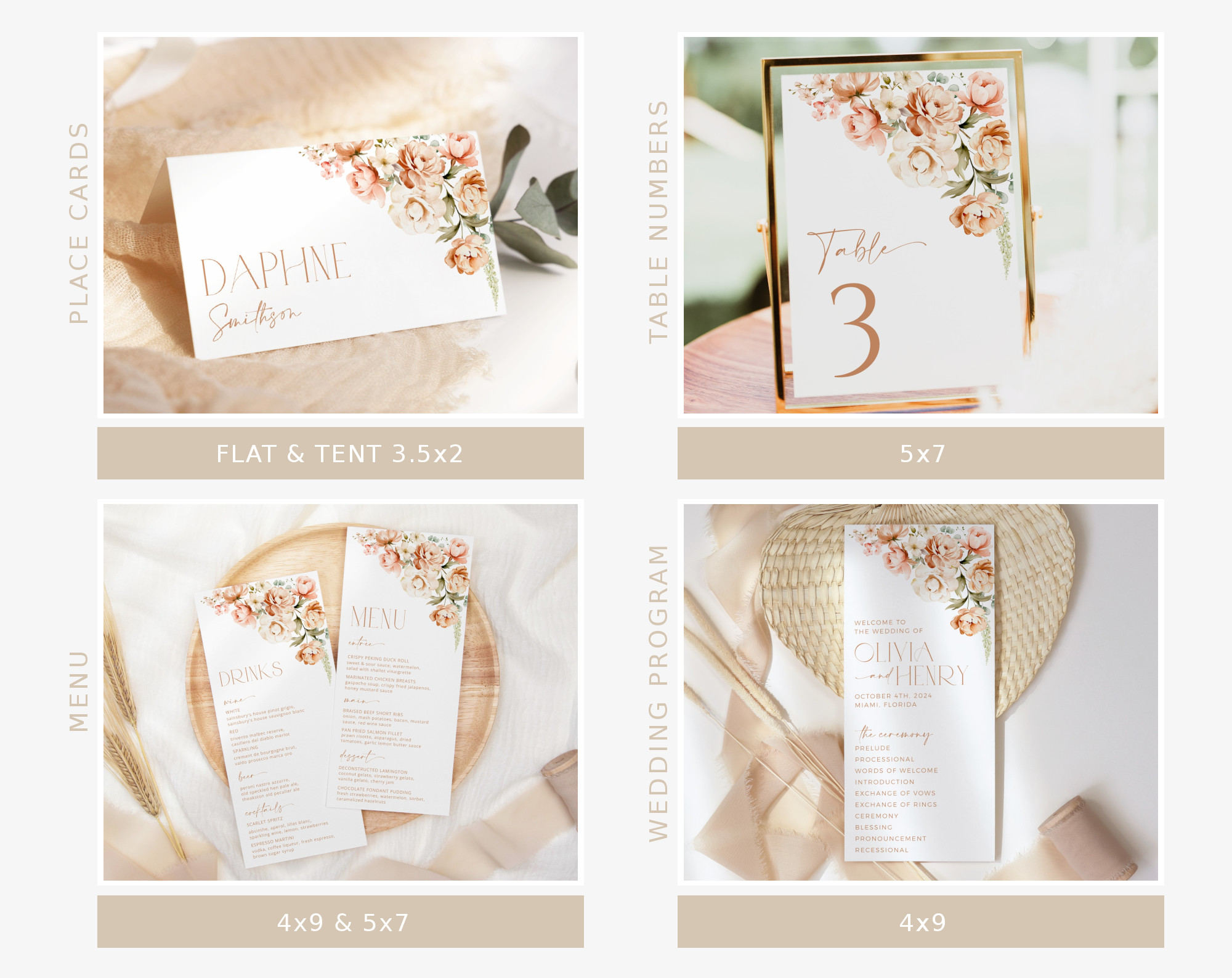 Peach and Cream Flowers Wedding Bundle, Printable File, Edit Yourself, SH42