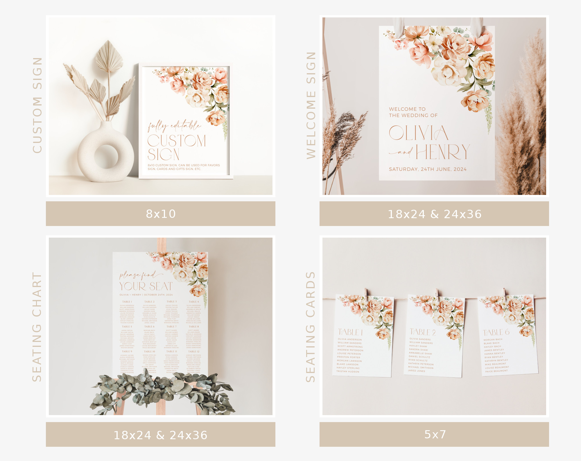 Peach and Cream Flowers Wedding Bundle, Printable File, Edit Yourself, SH42
