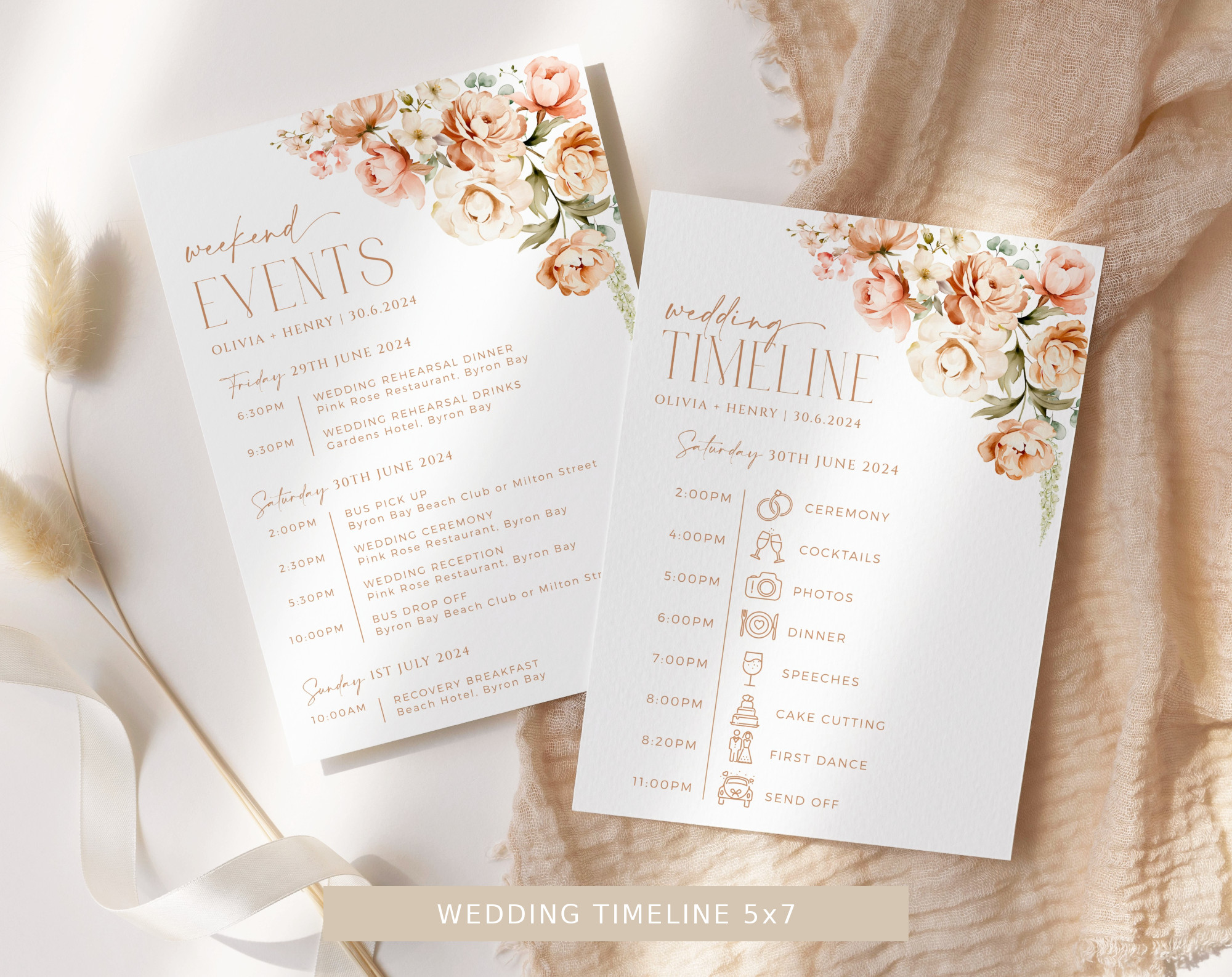 Peach and Cream Flowers Wedding Bundle, Printable File, Edit Yourself, SH42