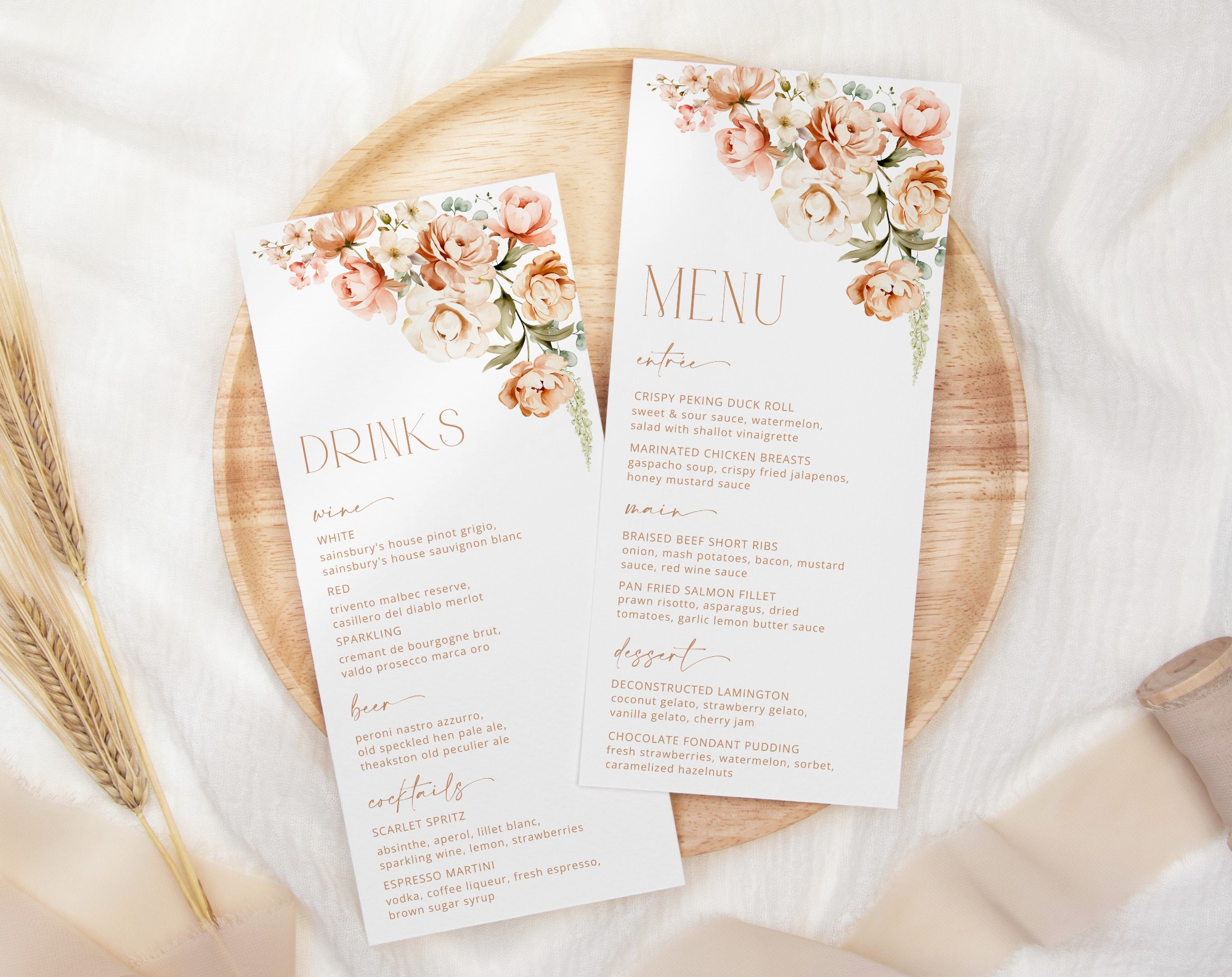 Peach and Cream Flowers Wedding Menu, Wedding Stationery, Printable File, Edit Yourself, SH42