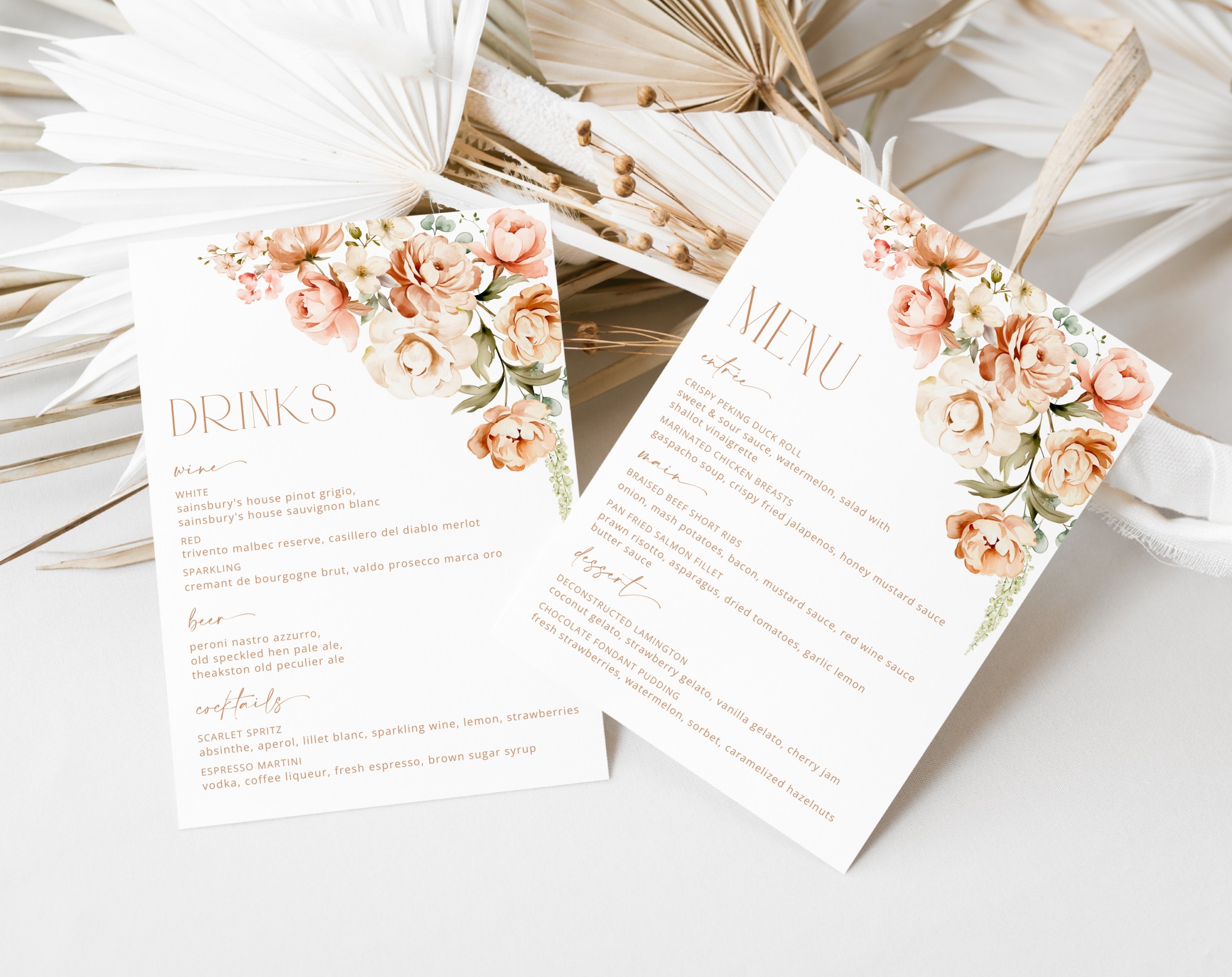 Peach and Cream Flowers Wedding Menu, Wedding Stationery, Printable File, Edit Yourself, SH42