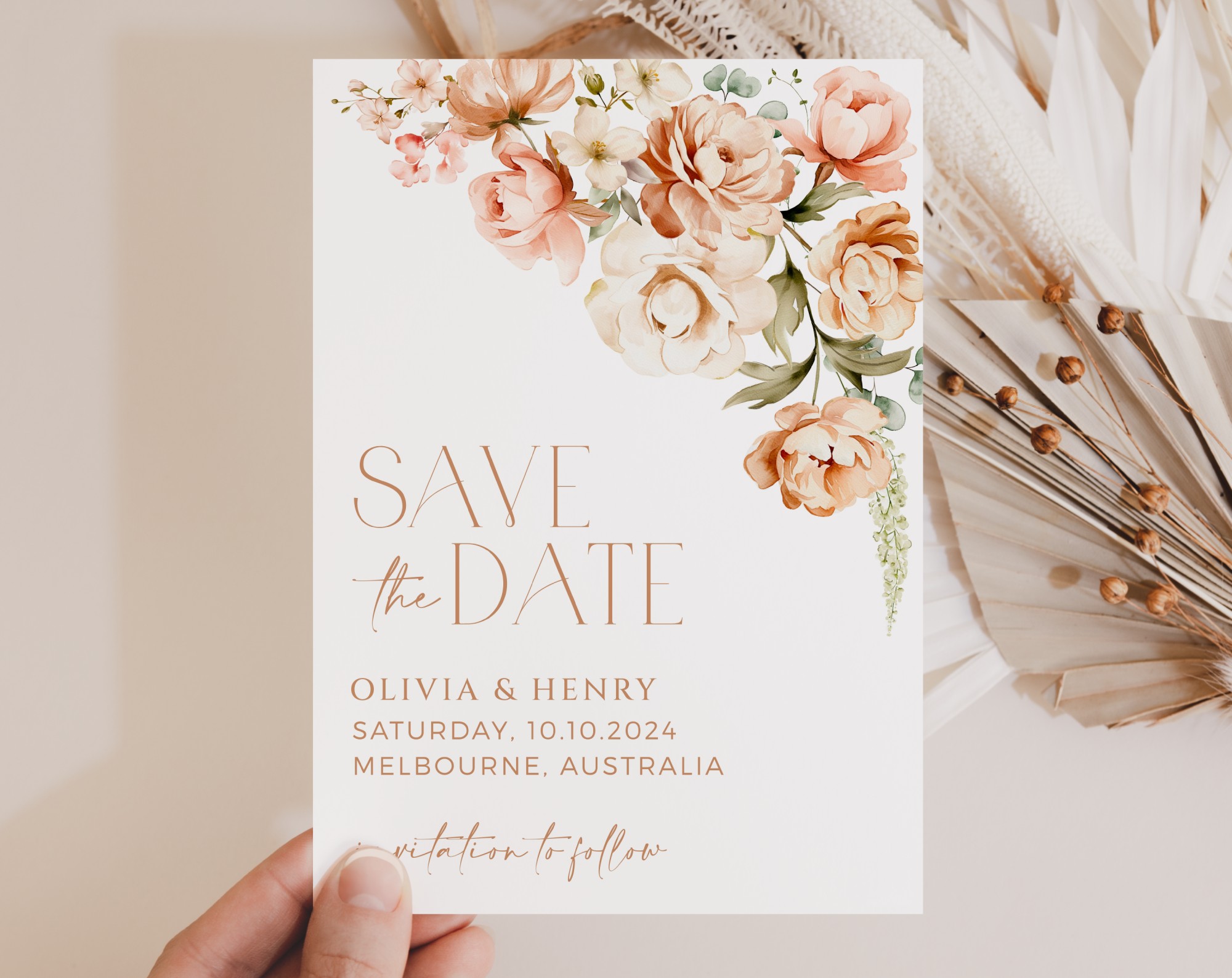 Peach and Cream Flowers Save the Date, Wedding Stationery, Printable File, Edit Yourself, SH42