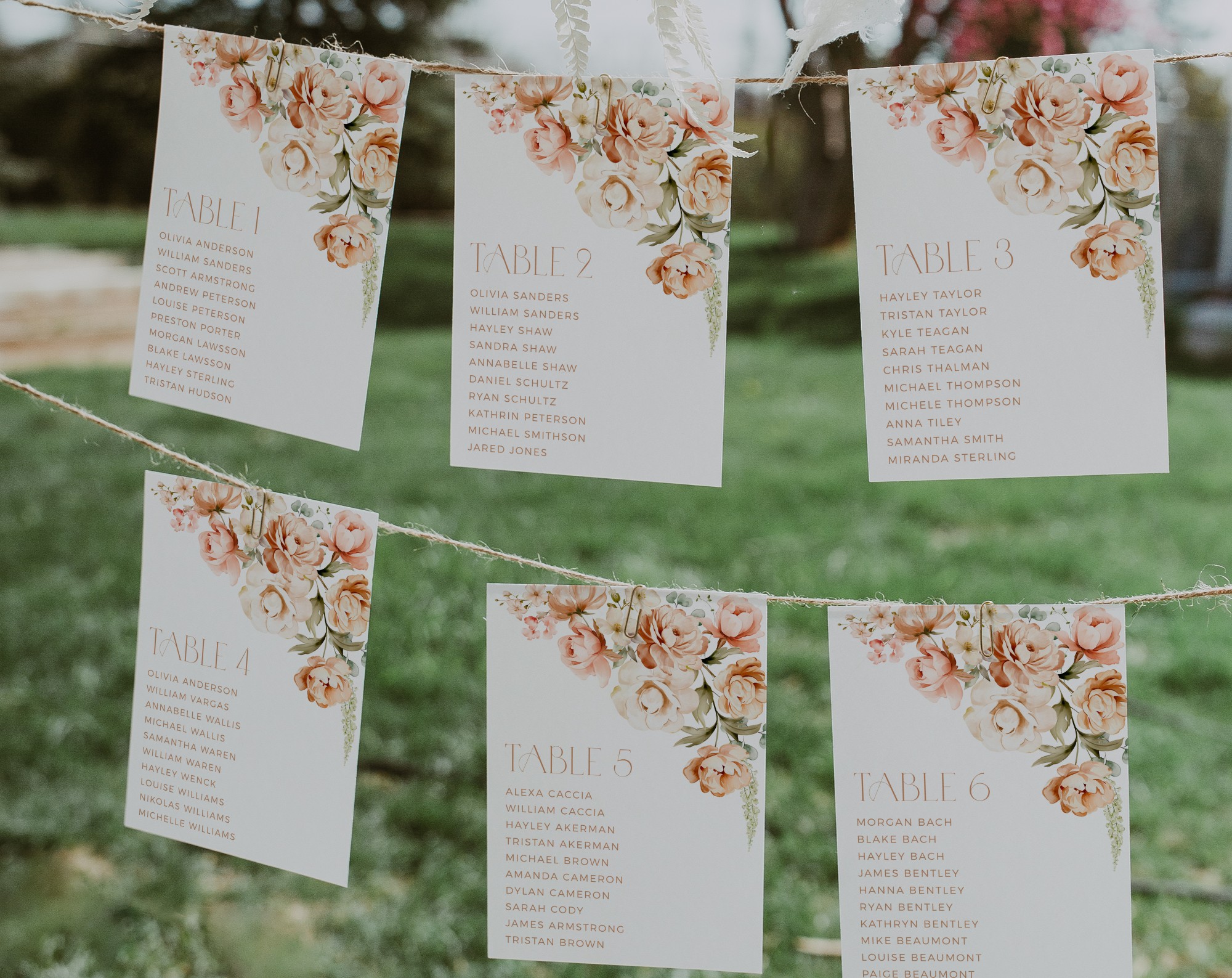 Peach and Cream Flowers Seating Cards Seating Chart
