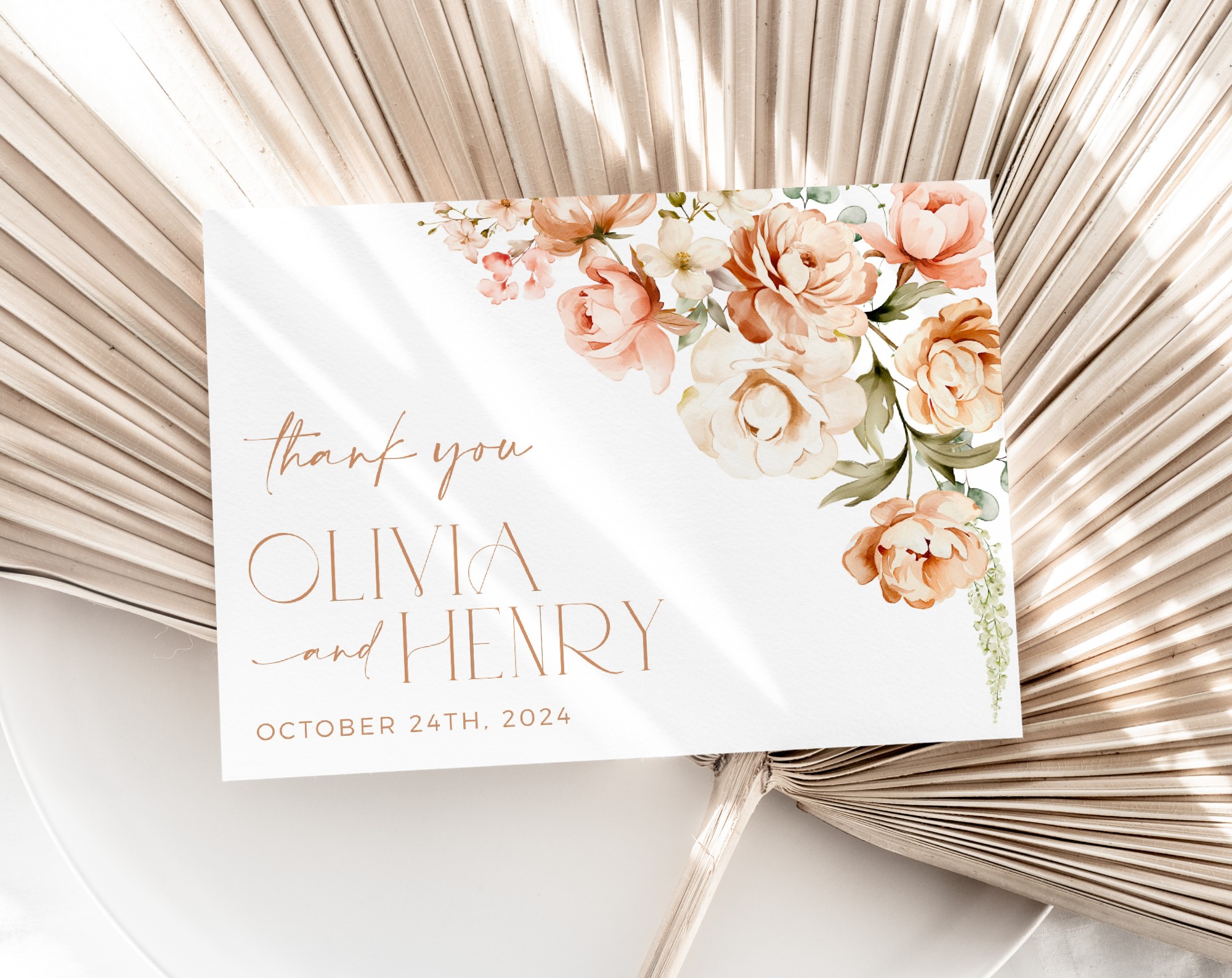 Peach and Cream Flowers Thank You Card, Wedding Stationery, Printable File, Edit Yourself, SH42